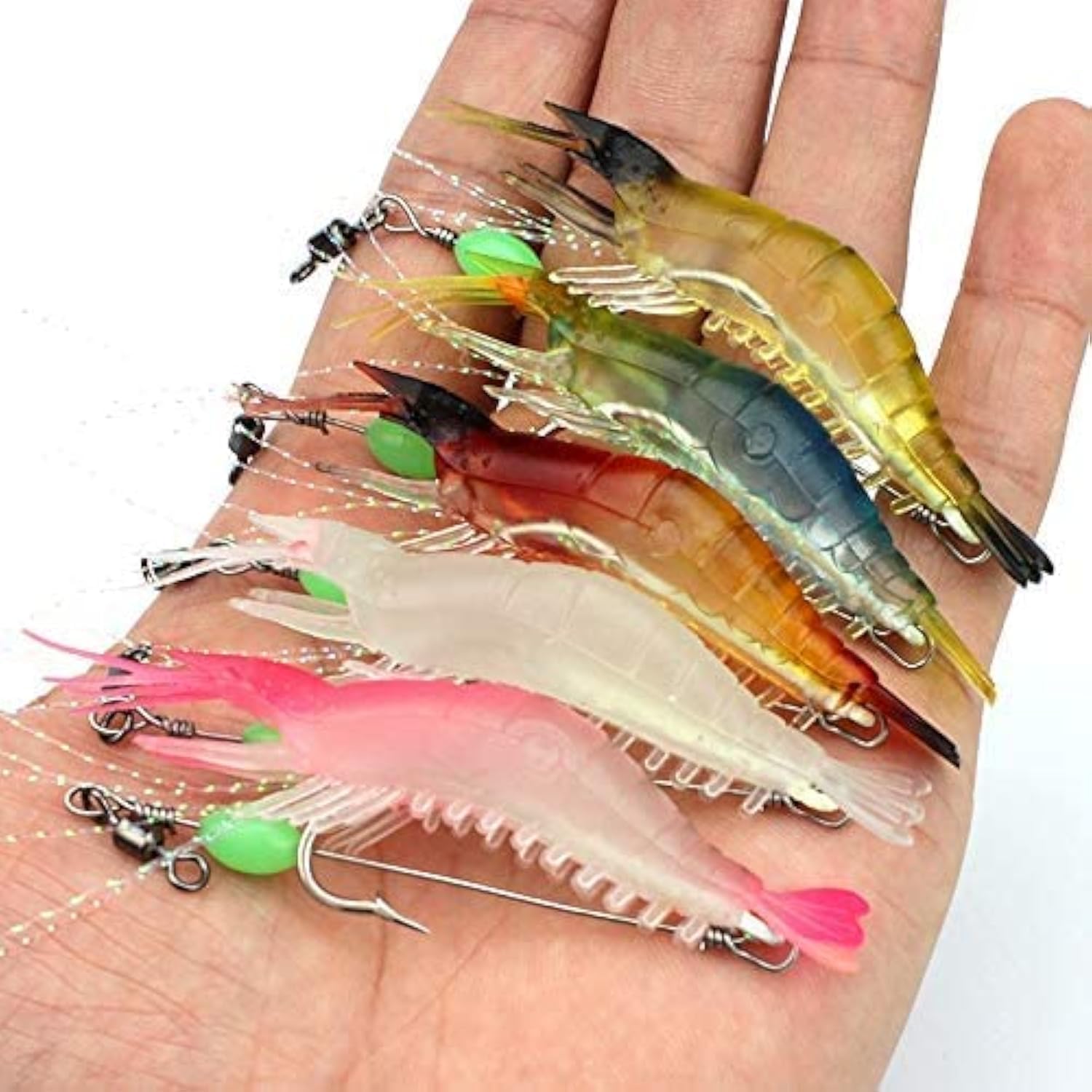 OriGlam 5pcs Soft Luminous Shrimp Lure Set, 5 Colours Shrimp Bait Shrimp Lures Fishing Kit Fishing Bait with Hooks Beads Fishing Tackles for Freshwater Saltwater Bass Trout Catfish Salmon