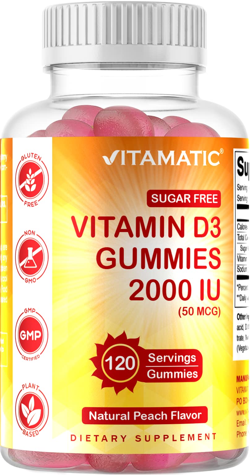 VitamaticSugar Free Vitamin D3 2000 IU - 120 Pectin Based Gummies - Great Taste - Healthy Bones, Mood & Immune System Function - Non-GMO - 120 Servings