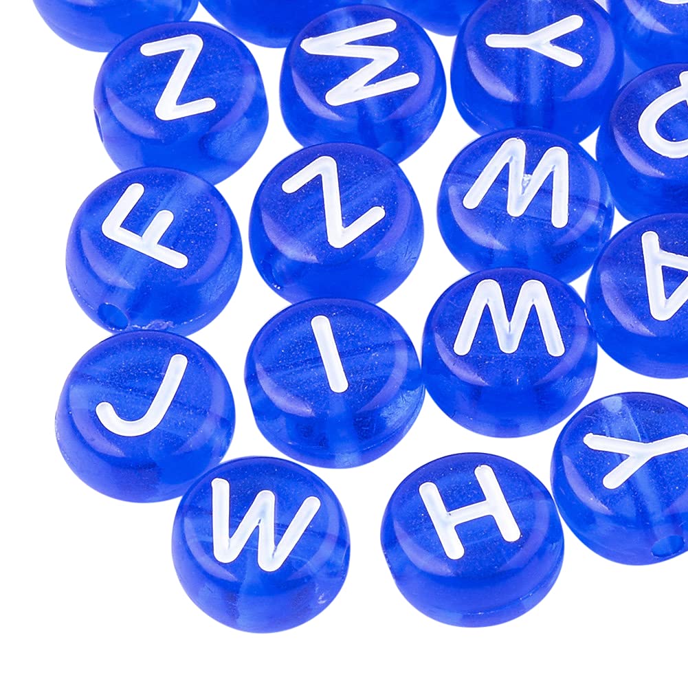 BEEFLYING 1480Pcs 7MM Transparent Acrylic Alphabet Beads Flat Round Disc A-Z White Letter Spacer Beads for DIY Friendship Boho Bracelet Hawaii Summer Holiday Surfing Jewelry Making (Blue Color)