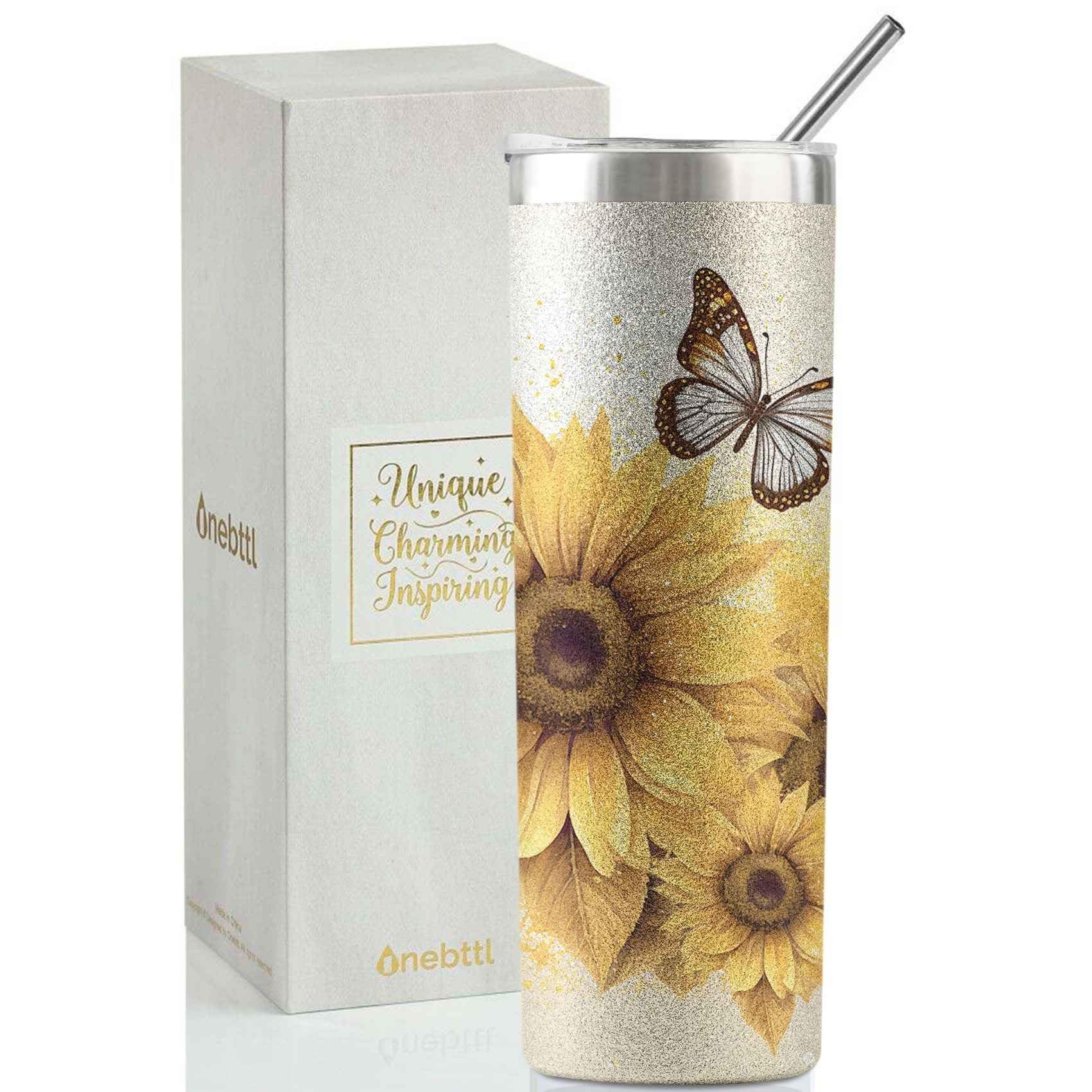 Onebttl Sunflower Gifts for Sunflower Lovers, 20oz Insulated Stainless Steel Tumblers with Lids and Straws, Best Sunflower Gifts for Best Friend, Christmas, Birthday - Butterfly