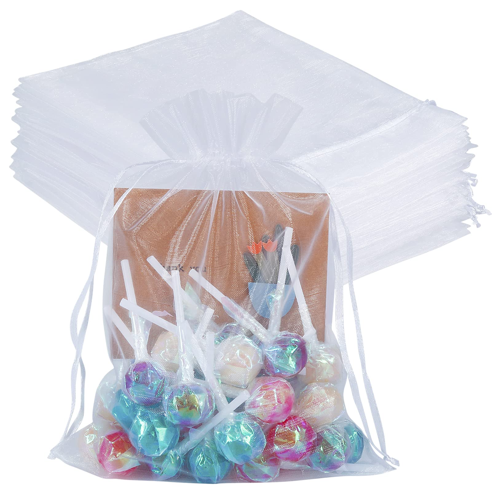 HRX Package100pcs White Organza Bags Large, 16.5 x 22.5cm Drawstring Gift Bags Mesh Jewelry Pouches for Christmas Wedding Shower Party Favours