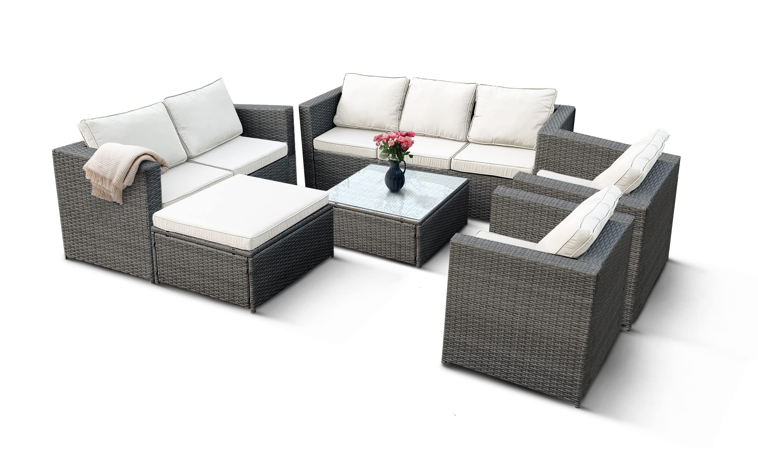 KEPLIN 8 Seater Rattan Garden Furniture Set with Glass Coffee Table, Stool & Water Resistant Cushions Ideal for Patio, Lawn, Garden, Balcony, Conservatory & Dining in the Sun (Grey)