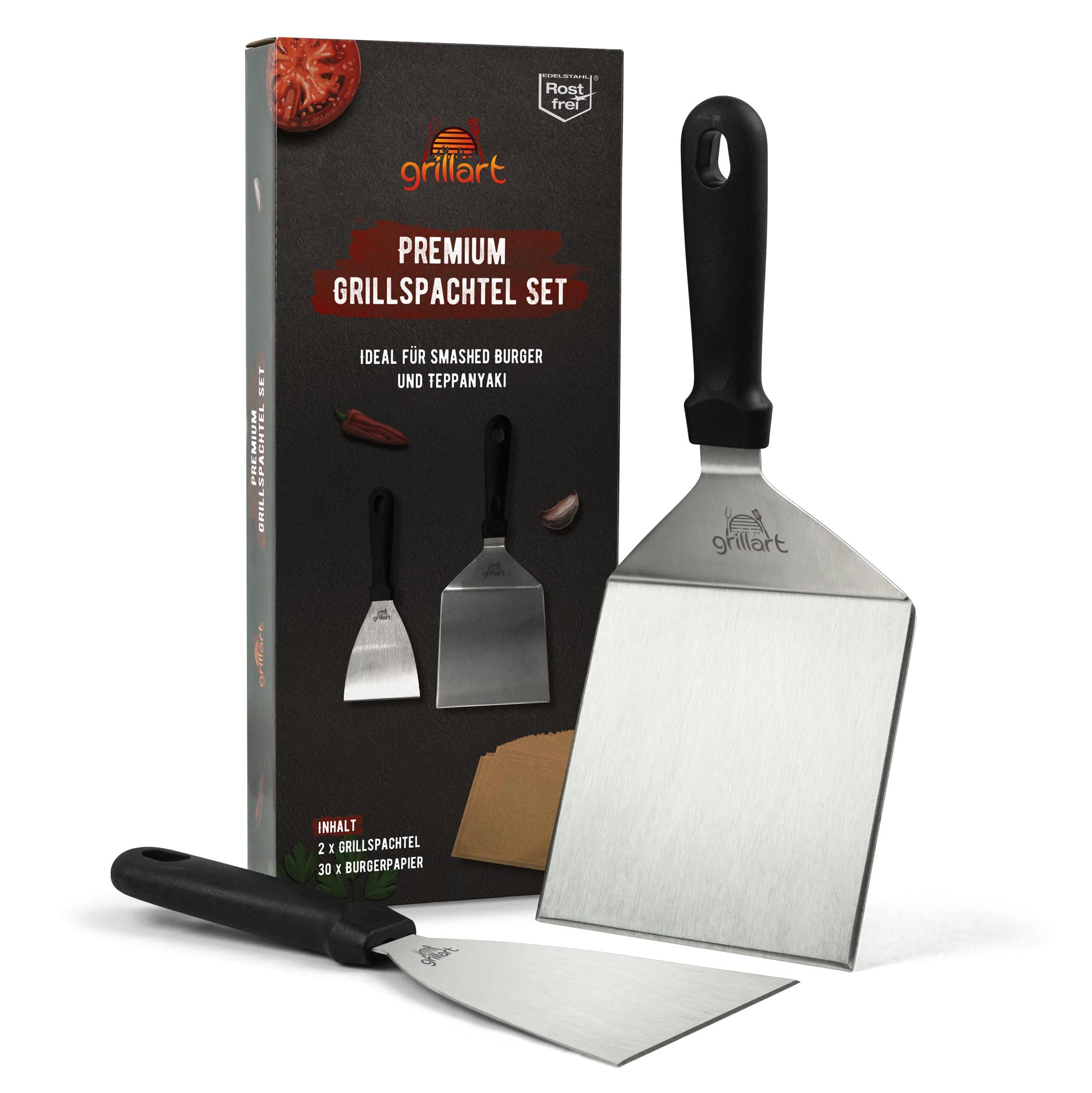 grillartPremium Grill Spatula Set Made of Stainless Steel for Smashed Burger Including 30 Pieces Burger Paper - Grill Spatula for Plancha & Teppanyaki - Stainless Steel Grill Spatula -