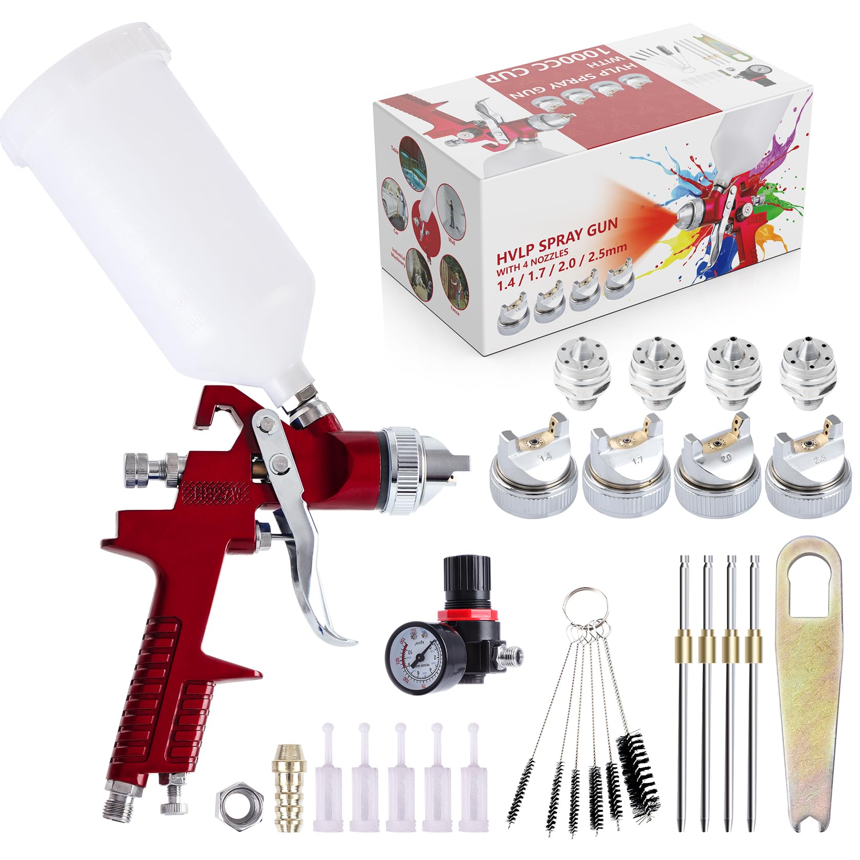 BANG4BUCK HVLP Spray Gun, Auto Paint Spray Gun, Spray Paint Gun with 4 Nozzles 1.4/1.7/2.0/2.5mm and 1000cc Cup for Auto Paint, Primer, Clear/Top Coat & Touch-Up