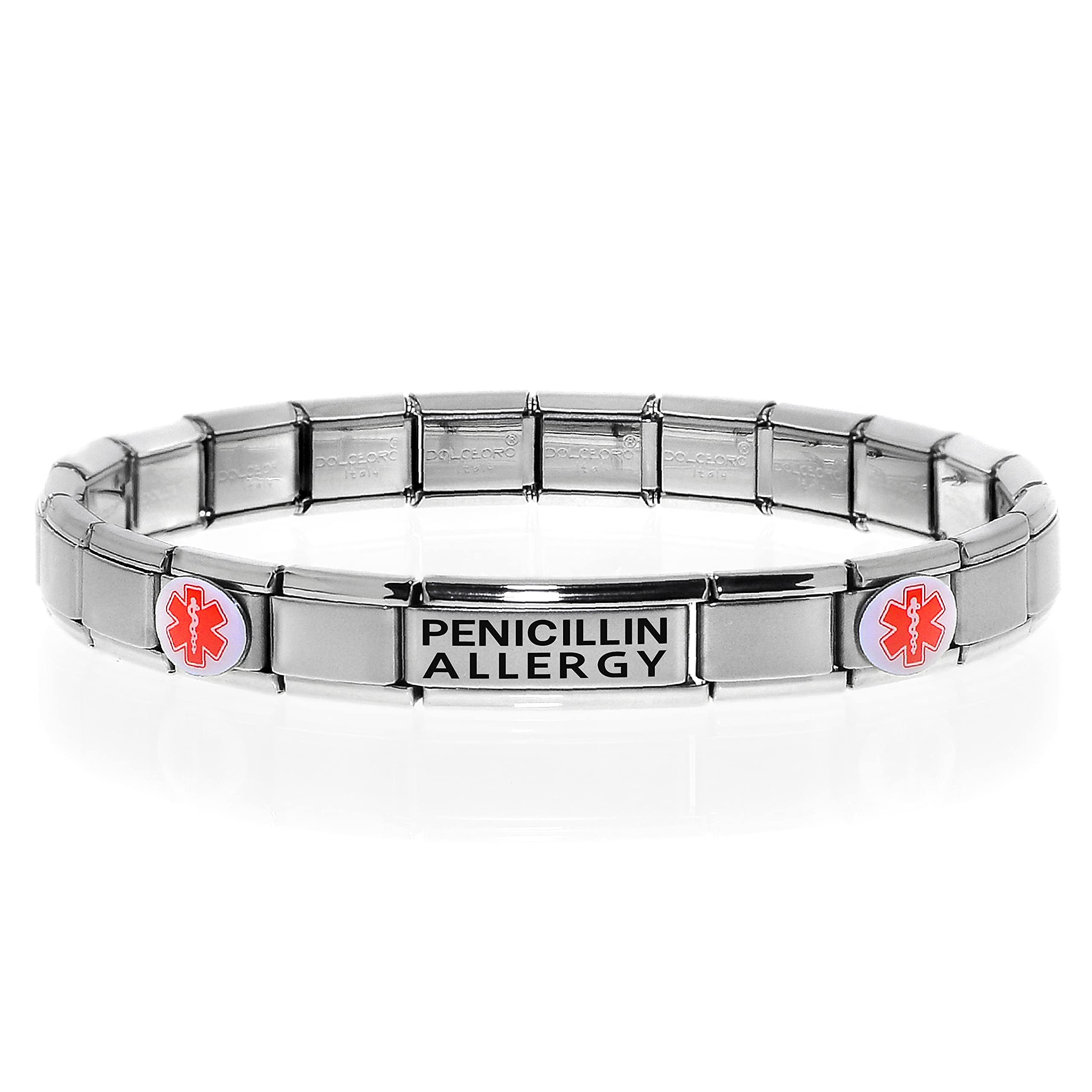 Medical Alert ID Bracelet for Allergy to Penicillin, Sulfa or Peanut with Customize Fitting - Stretchable Italian Modular Charm Link - Stainless Steel, Unisex