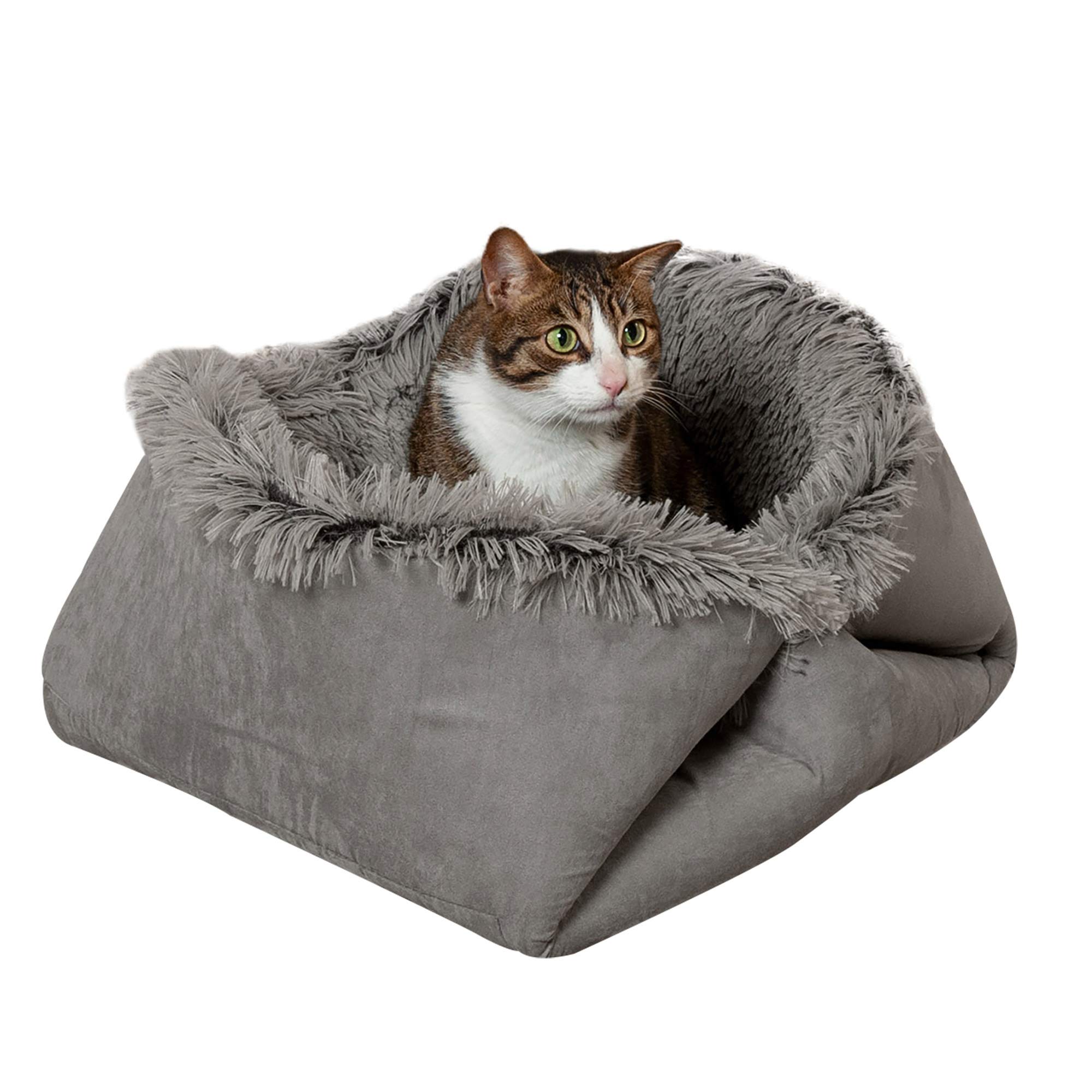 Furhaven Self-Warming Cat Bed for Indoor Cats, 4-Beds-in-1 & Washable - Plush Long Faux Fur Convertible Cuddler - Gray, Large, 35.5"L x 30.0"W x 0.5"Th