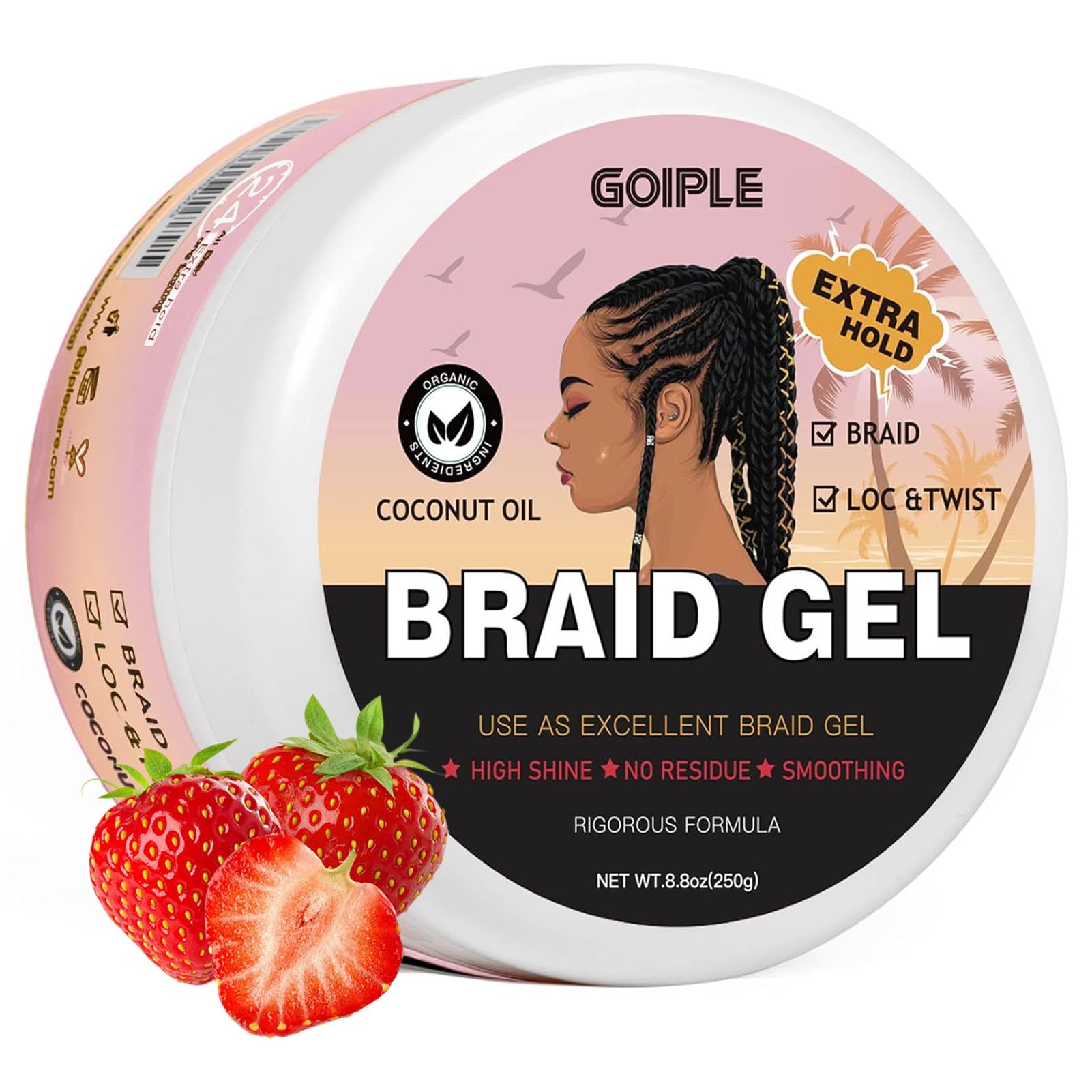 Braid Gel Good for Twist, Locs, Braids, Edge No Flake Extra Hold High Shine Braiding Gel & Edge Control, Loc Gel Long Lasting for Locks, Cornrows Smooths & Tames Frizz 8.8oz (Strawberry Flover)