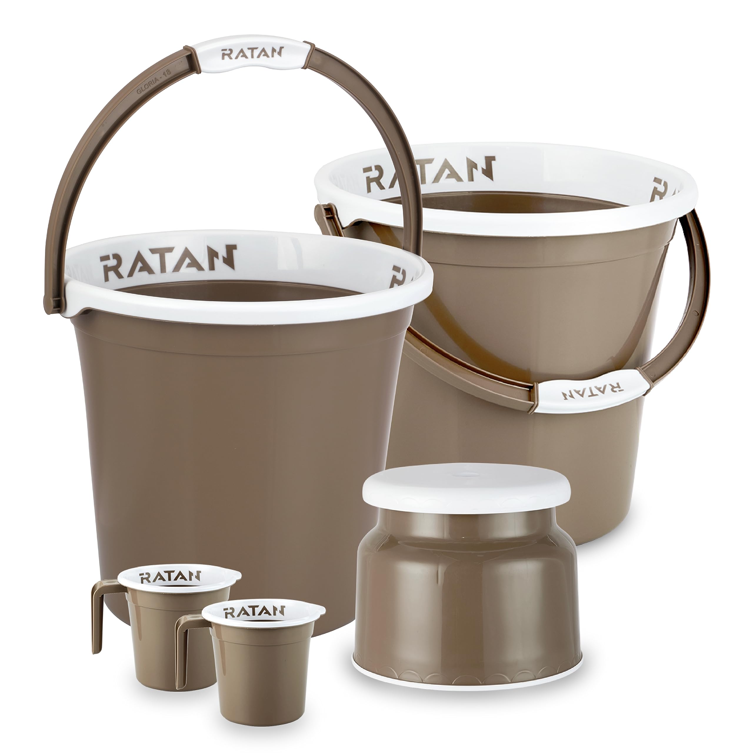 RATAN PLASTICWARE Plastic Bathroom Set of 5 Pieces Combo Pack Gloria Plain 18 Liters 2 Pieces Bucket + Nova Stool Patla 107 + Two Gloria Plain Bath Mug 1 Liter Color Light Brown