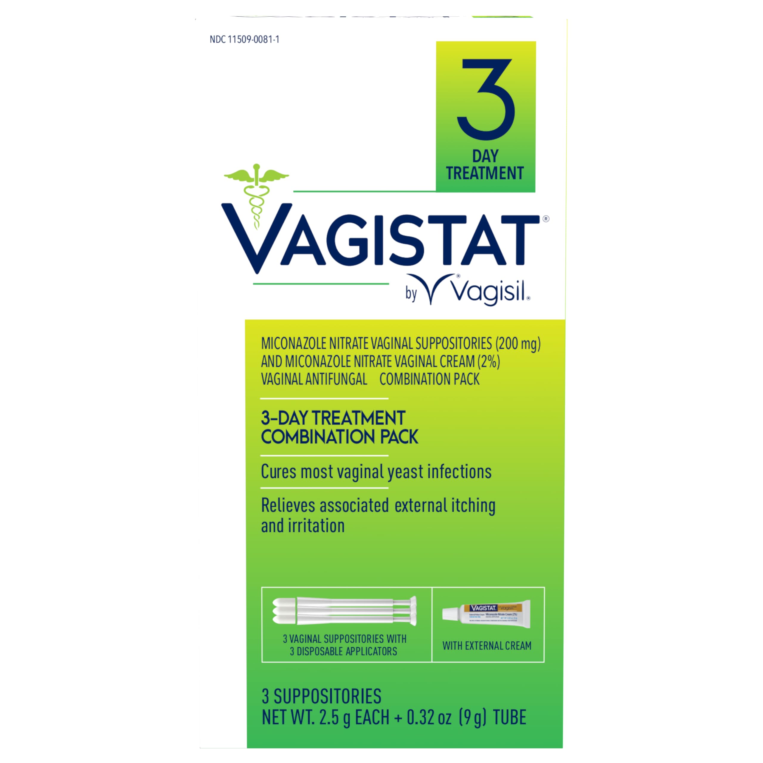 Vagistat 3 Day Yeast Infection Treatment for Women, Relieves External Itching and Irritation - 2% External Miconazole Nitrate Cream, 3 Disposable Suppositories & Applicators, by Vagisil (Pack of 1)