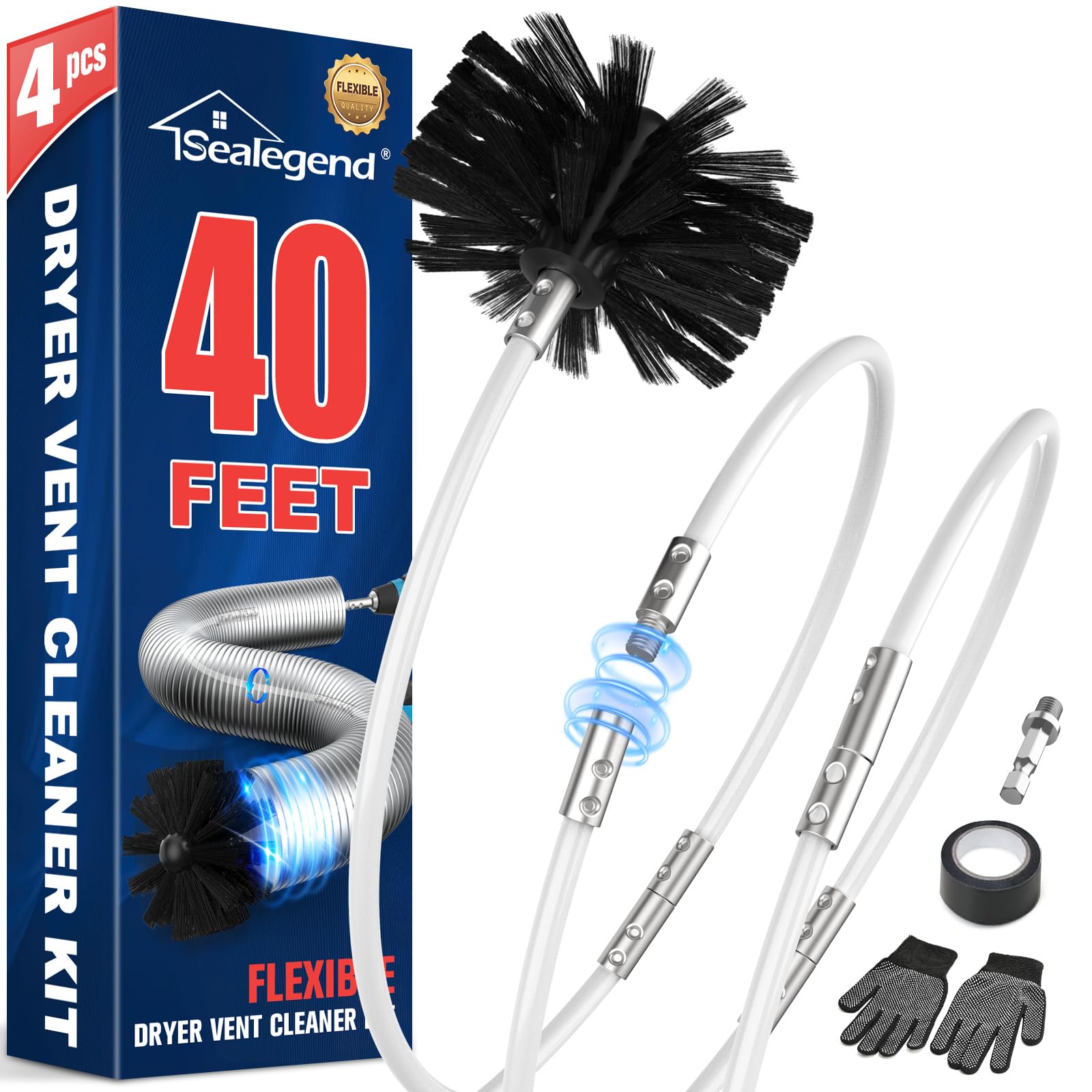 Sealegend 40 Feet Dryer Vent Cleaner Kit Lint Remover Fireplace Chimney Brushes Extends Up to 40 Feet Synthetic Brush Head