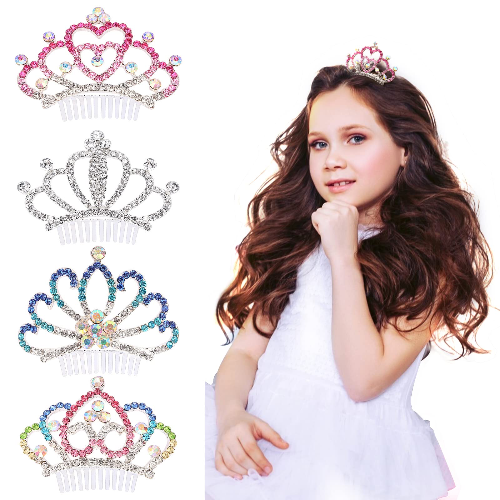 Casoty 4Pcs Princess Tiara Comb Crystal Rhinestone Crown Hair Combs for Women Decorative Party Favors Cute Hair Accessories for Little Girls