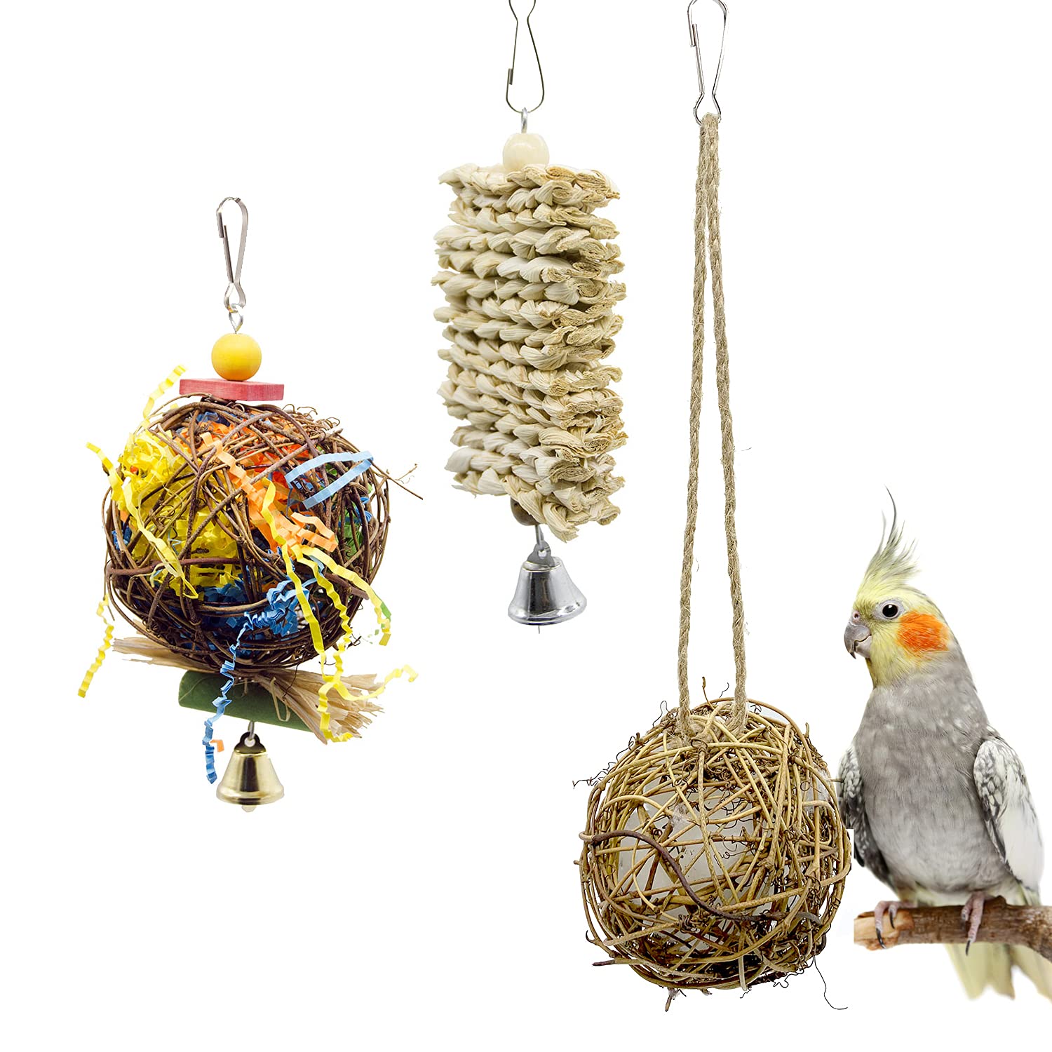 NeoStyle 3 pcs Bird chew Toys,Parrot Cage Accessories Toys,Parrot Cage Foraging Shredder Toy for Bird Parrot African Greys Budgie Cockatiel Parakeet Lovebird Cage Toy