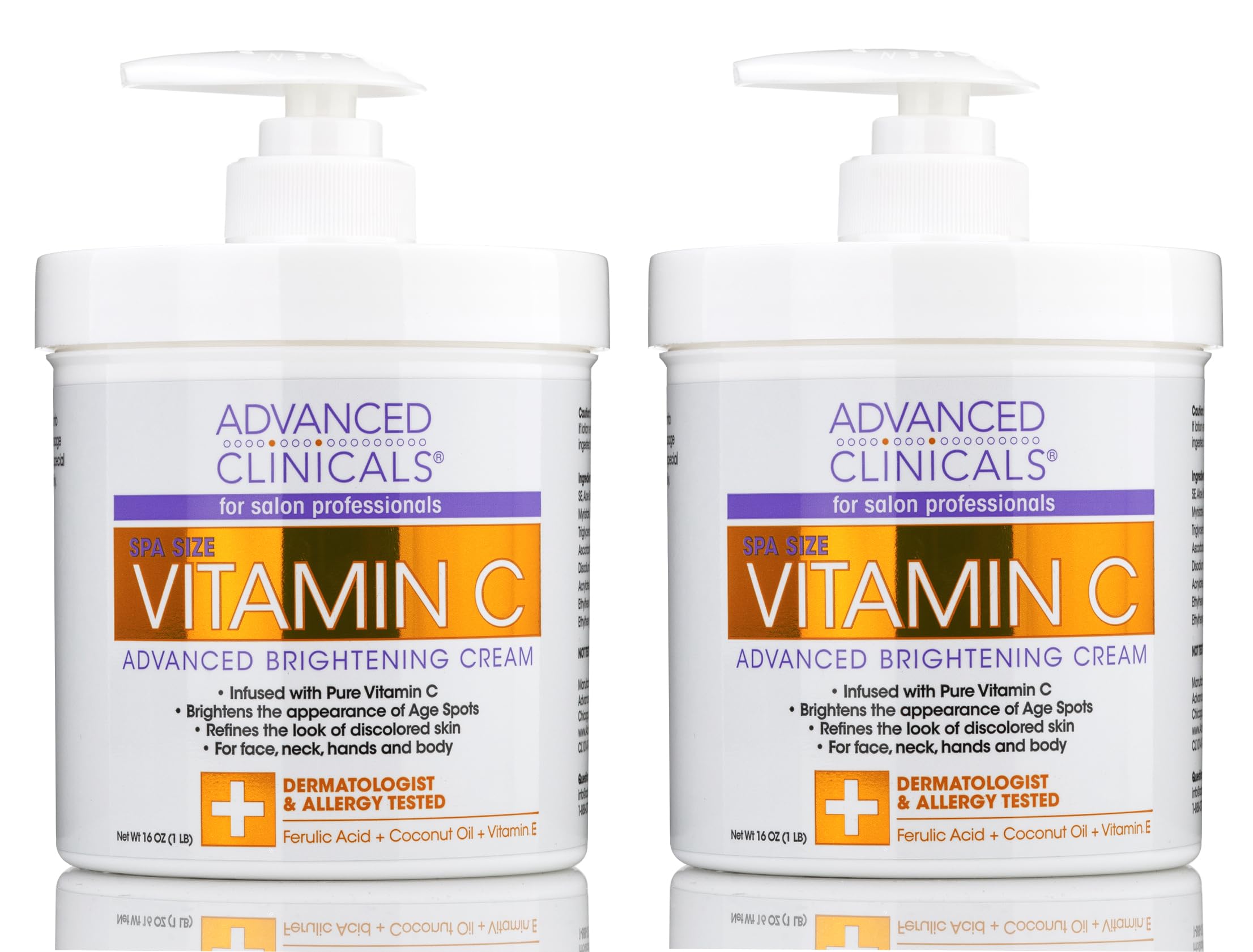 Advanced Clinicals Vitamin C Cream. Advanced Brightening Cream. Anti-aging cream for age spots, dark spots on face, hands, body. (Two - 16oz)