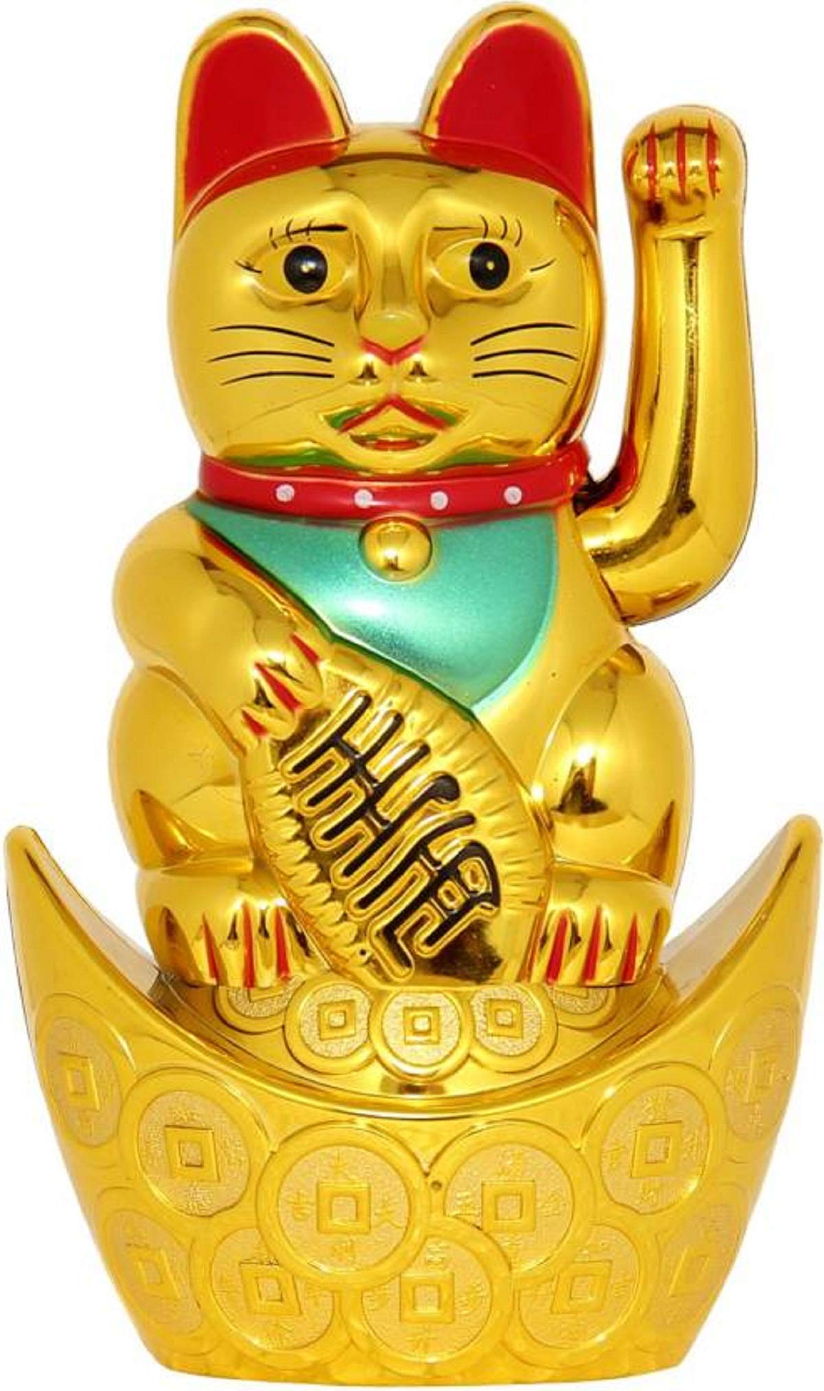 Blankleaf  Art Vastu/Feng Shui/Wlcome Cat Sitting On Money Ingot for Wealth and Prosperity Decorative Showpiece - 18 cm (Plastic, Gold)