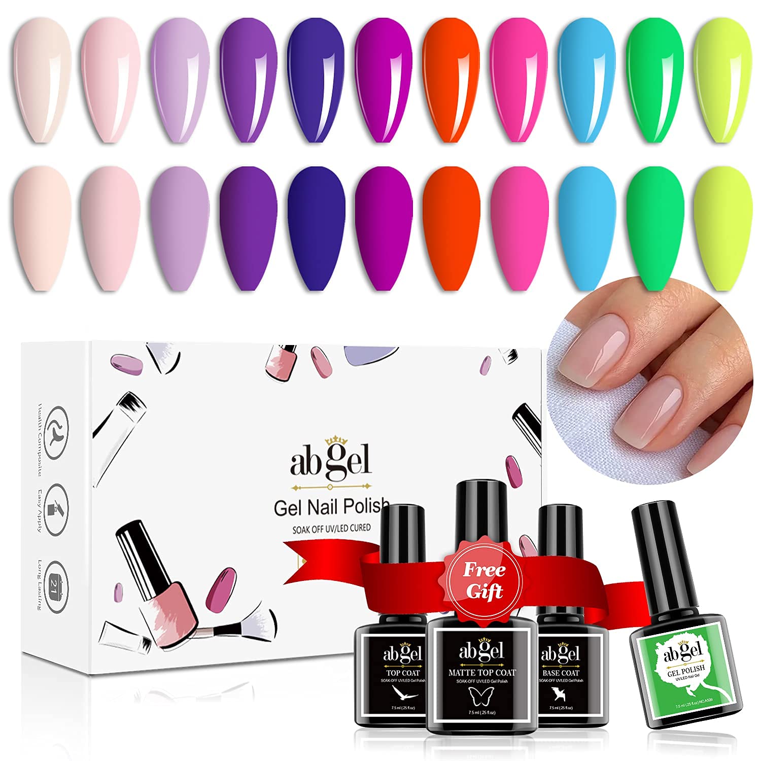 ab gel Gel Nail Polish Kit, 12 Colors Neon Nail Polish Set with Base and Glossy & Matte Top Coat, UV LED Bright Gel Polish for Nail Art Salon Milky White Neon Green…Red Nude Glitter Pink Manicure Kit…