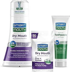 SmartMouth Package with Dry Mouth Activated Mouthwash - 16 Fl Oz, Soothing Mint &amp; Dry Mouth Dual-Action Mints - 50 Count, Mellow Mint &amp; Premium Zinc Ion Toothpaste - 6 oz, Mild Mint