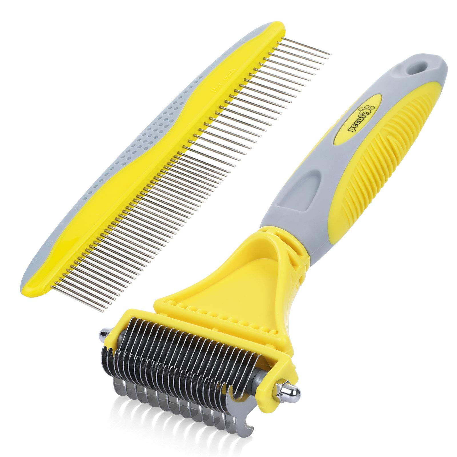 pecute Grooming Dematting Comb Tool Kit - Double Sided Blade Rake Comb Grooming Comb - Removes Loose Undercoat, Knots, Mats and Tangled Hair(Yellow+Grey)