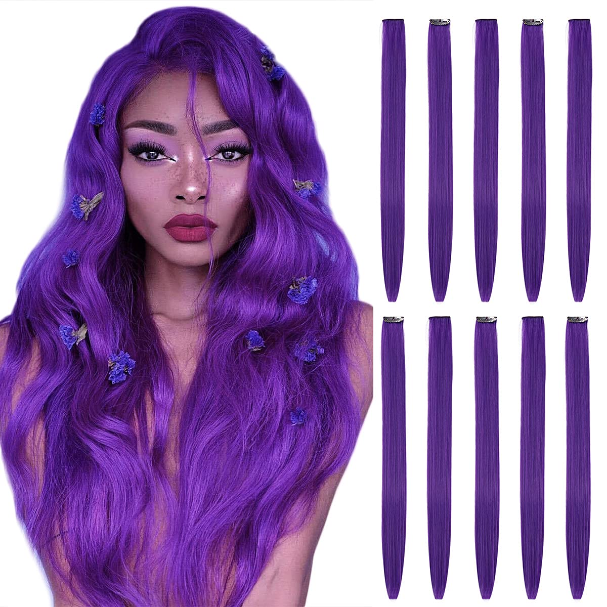 RYLAIPurple Hair Extensions Clip in Halloween - Hair Accessories for Kids Girls Fairy Hairpieces Long Straight Color Hair Extensions 22" 10pcs