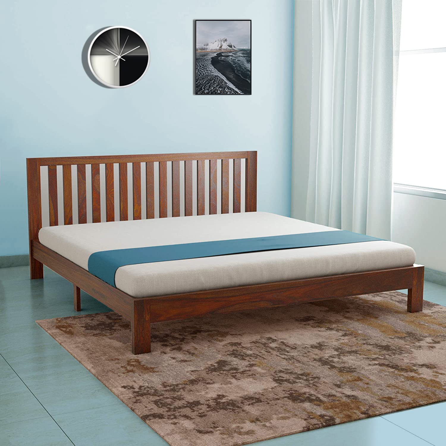 Roundhill Solid Sheesham Wood King Size Bed Without Storage Wooden Double Bed Cot Bed Furniture for Bedroom Living Room Home (Teak Finish)