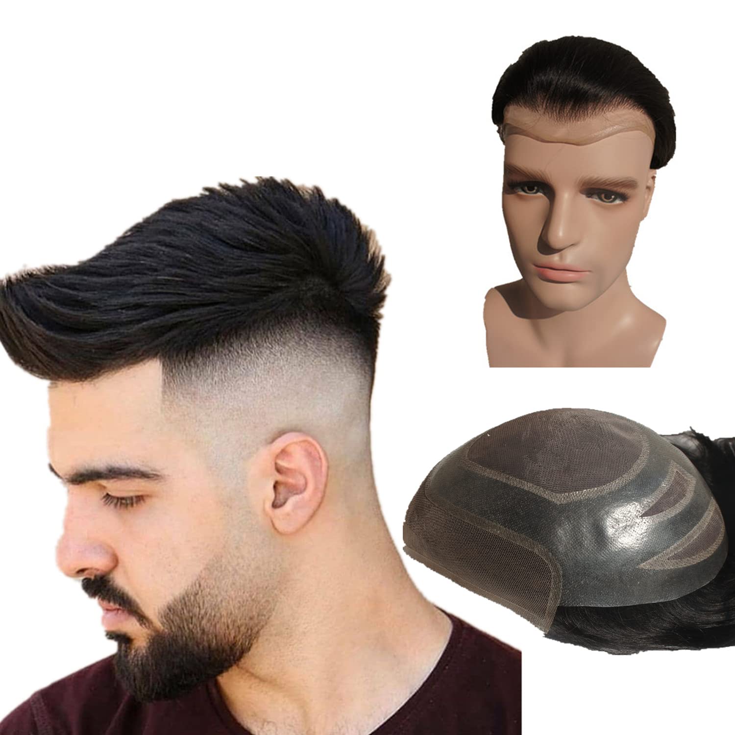 Mens Human Hair Toupee Hairpieces Swiss Lace Front Replacement System Combined with PU base 10X8 inch large size N.L.W. Jet Black 6 inch Gentlemen Hair piece