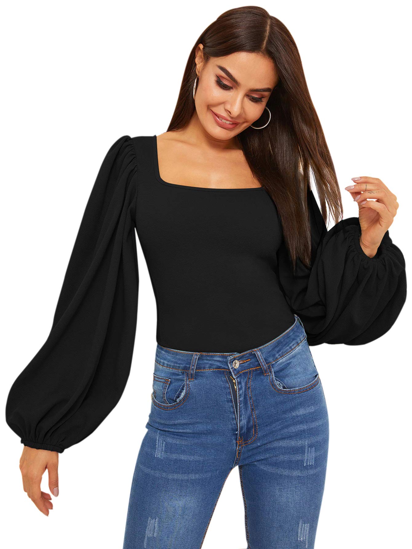 RomweWomen's Long Puff Sleeve Square Neck Slim Fit Crop Tops Blouse Sweatshirt