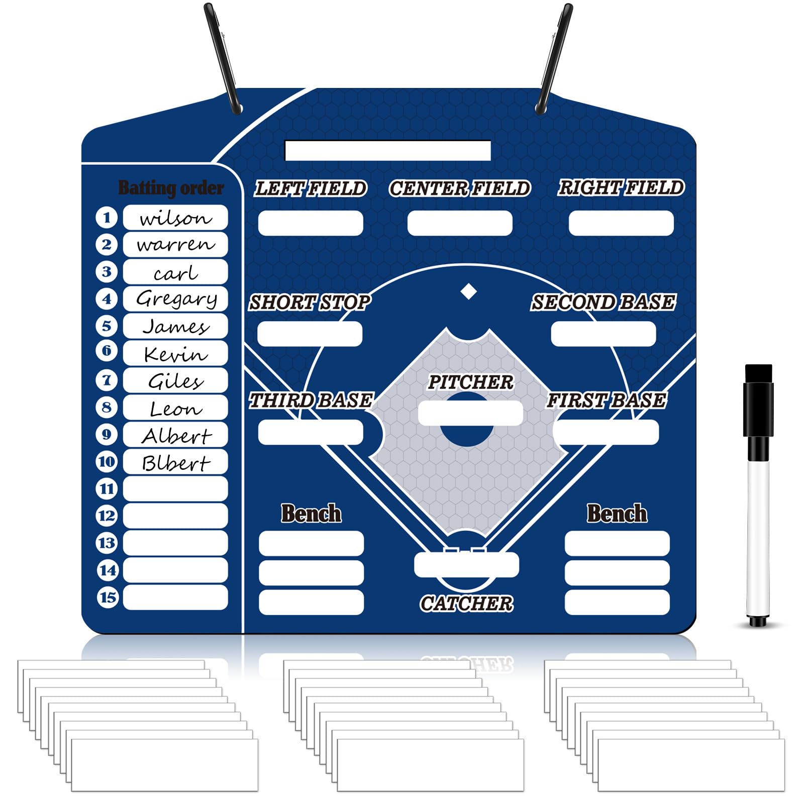 Geyee 34 Pcs Magnetic Baseball Lineup Board for Coach, Erases Easily Magnetic Dugout Board Softball Coaching Board with 30 Lineup Cards 2 Snap Hooks and Marker Pen