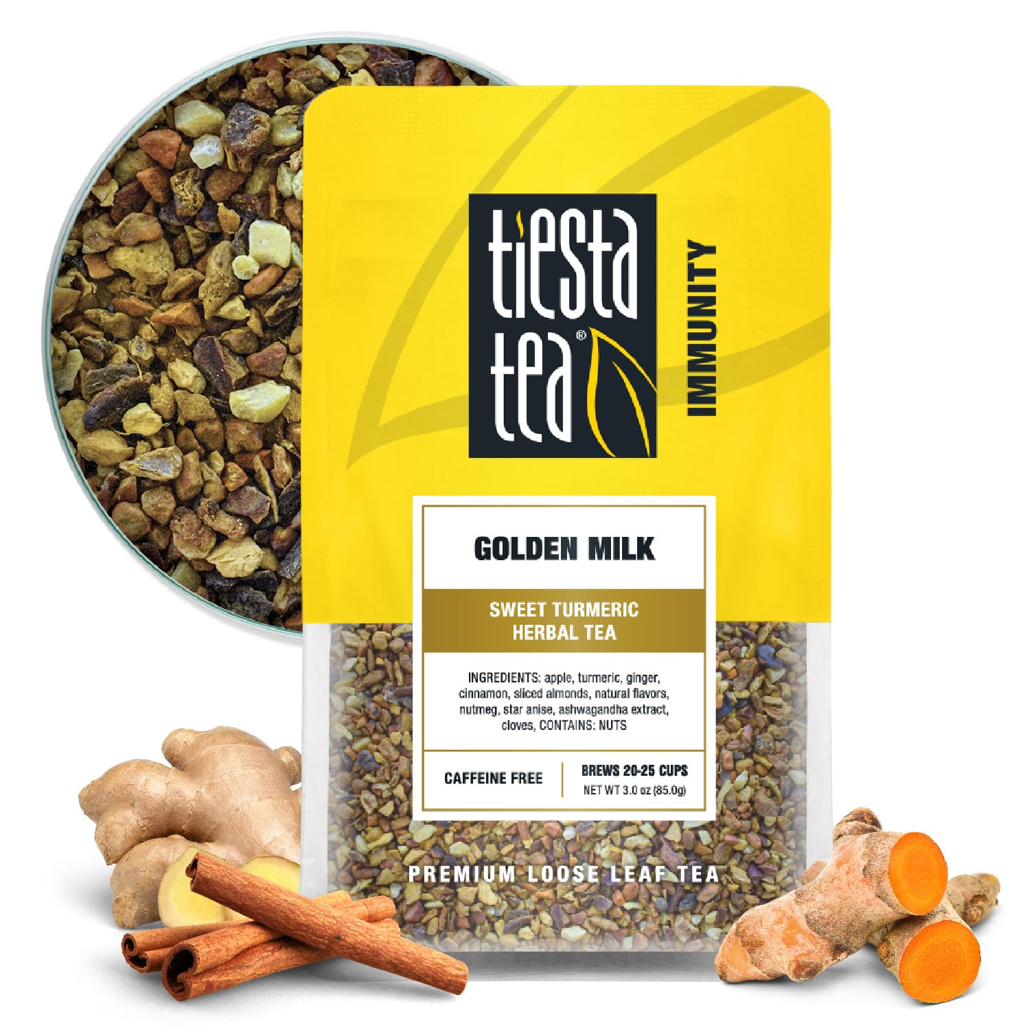 Tiesta Tea - Golden Milk - Sweet Turmeric Herbal Tea - Loose Leaf Tea Blend - Non-Caffeinated Herbal Tea - Make Hot or Iced Tea Up to 20-25 Cups - 3 oz Resealable Pouch