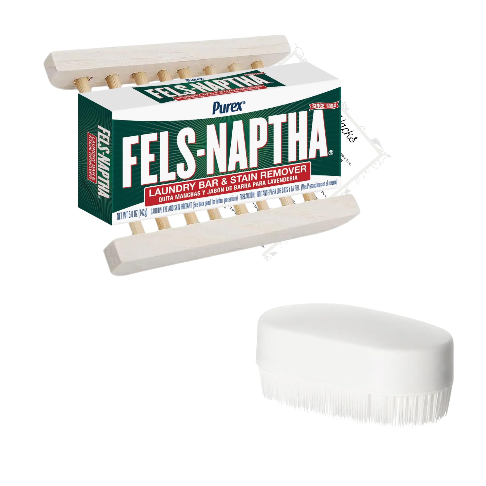 Fels Naptha Soap Bundled with Bamboo Soap Holder, Soft Laundry Brush and Household Hack Card by AMCIENT