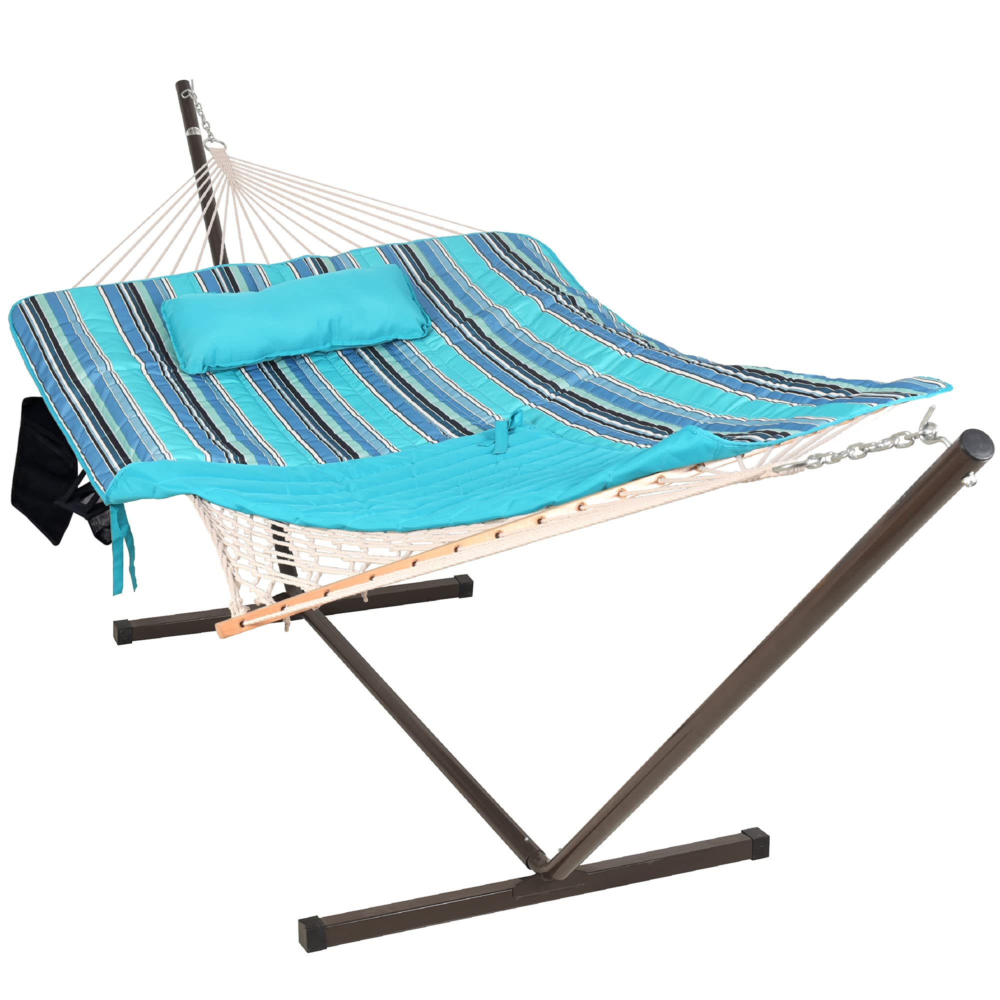 Lazy Daze HammocksDouble Outdoor Hammock with 12 ft Steel Stand, 2 Person Cotton Rope Hammock with Quilted Pad, Spreader Bars, Detachable Pillow, Mag Bag & Cup Holder, Blue Ocean Stripes