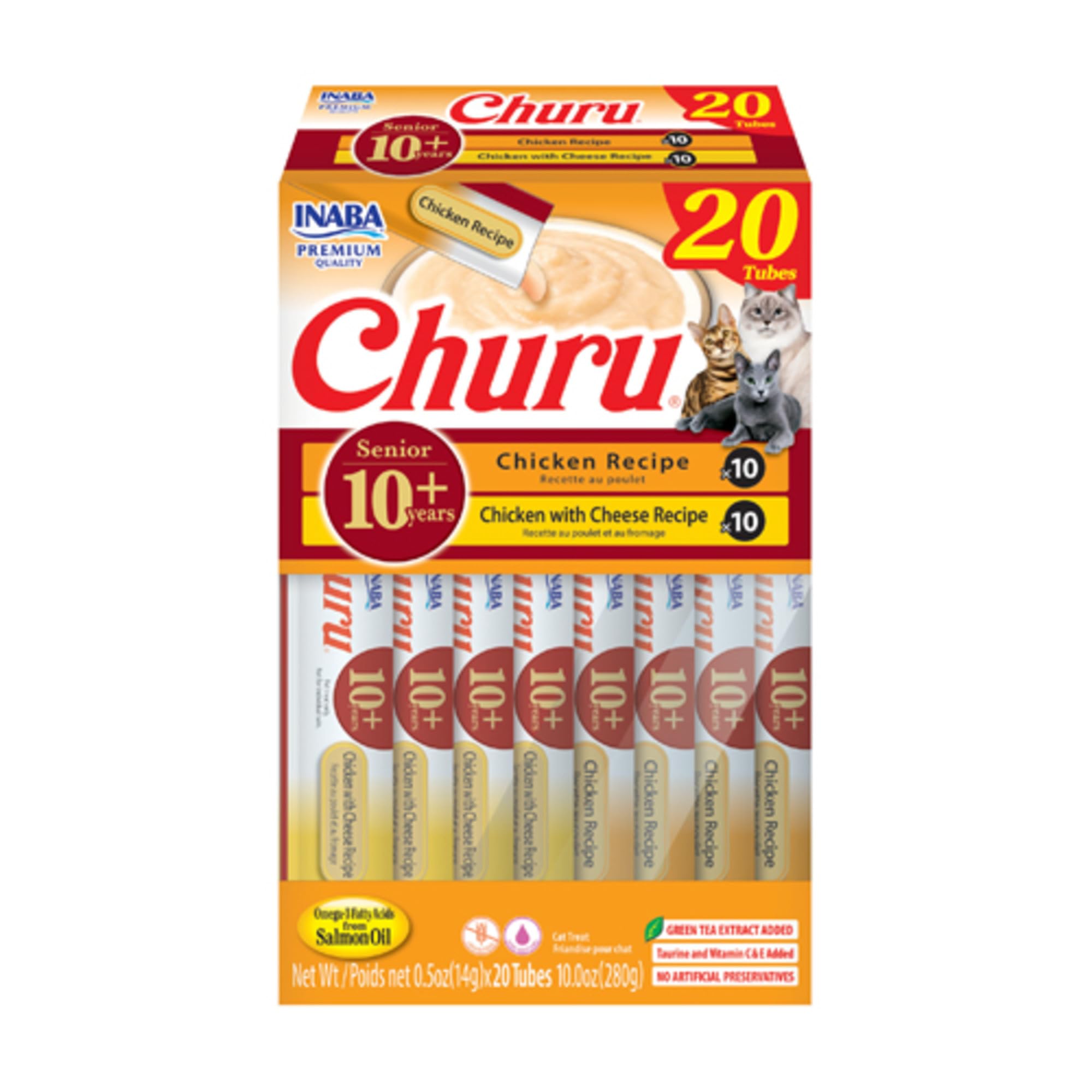 INABA Churu for Senior 10+, Creamy Lickable Cat Treats with Taurine, Vitamin E & C, 0.5 Ounces Each, 20 Tubes, Chicken Variety