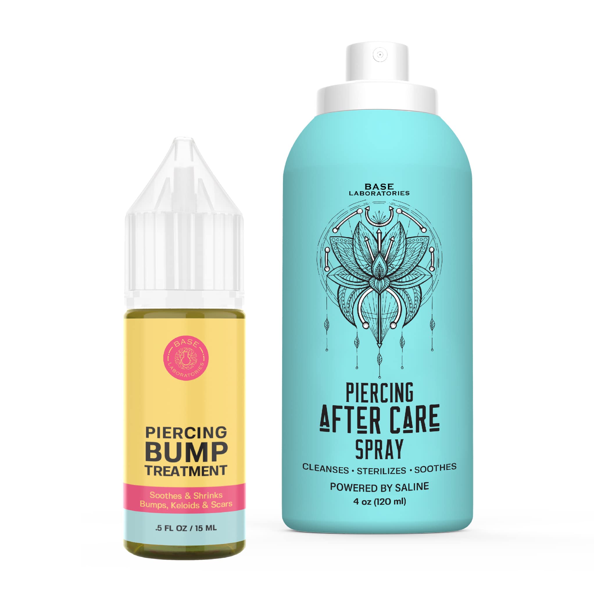 Base Labs Piercing Cleaning Solution Kit | Piercing Aftercare Spray (4oz) + Piercing Bump Treatment Oil | Keloid Bump Removal | Saline Solution for Piercings & Bumps - for Ears, Nose, Belly Button