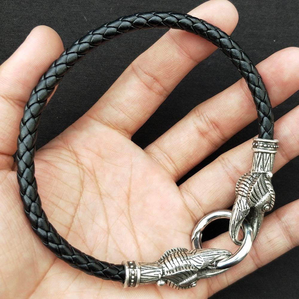 Men Jelwerly Viking Bracelet Stainless Steel Crow Head Buckle Bangle Braided Leather Bracelet Viking fan's Jewelry Antique Black (Size : 19cm)