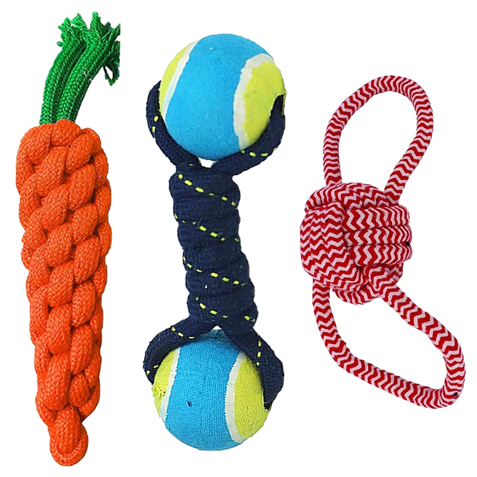 emily pets Combo of 3 Durable Pet Teeth Cleaning Chewing Biting Knotted Small Puppy Toys -100% Natural & Safe Cotton Cotton Chew Toy for Dog & Cat(Pack of 3,Color May Vary)