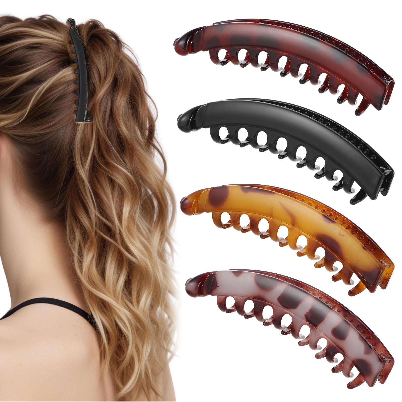 4PCS Banana Hair Clips, 5'' Large Banana Clips for Thick Hair Big Banana Combs for Medium Thick Hair Non Slip Banana Claw Clips for Women Ladies Multicolor