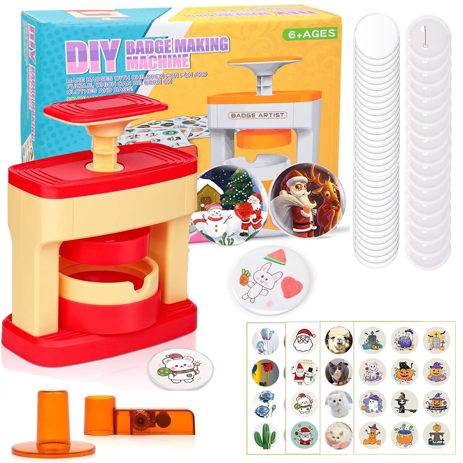 Button Badge Press Machine 55 mm (2.16 Inches) Press the DIY Button Press Machine Latest Pin Badge Making Kit with 48 Plastic Button Parts & Circle Cutters for Party and Gifts