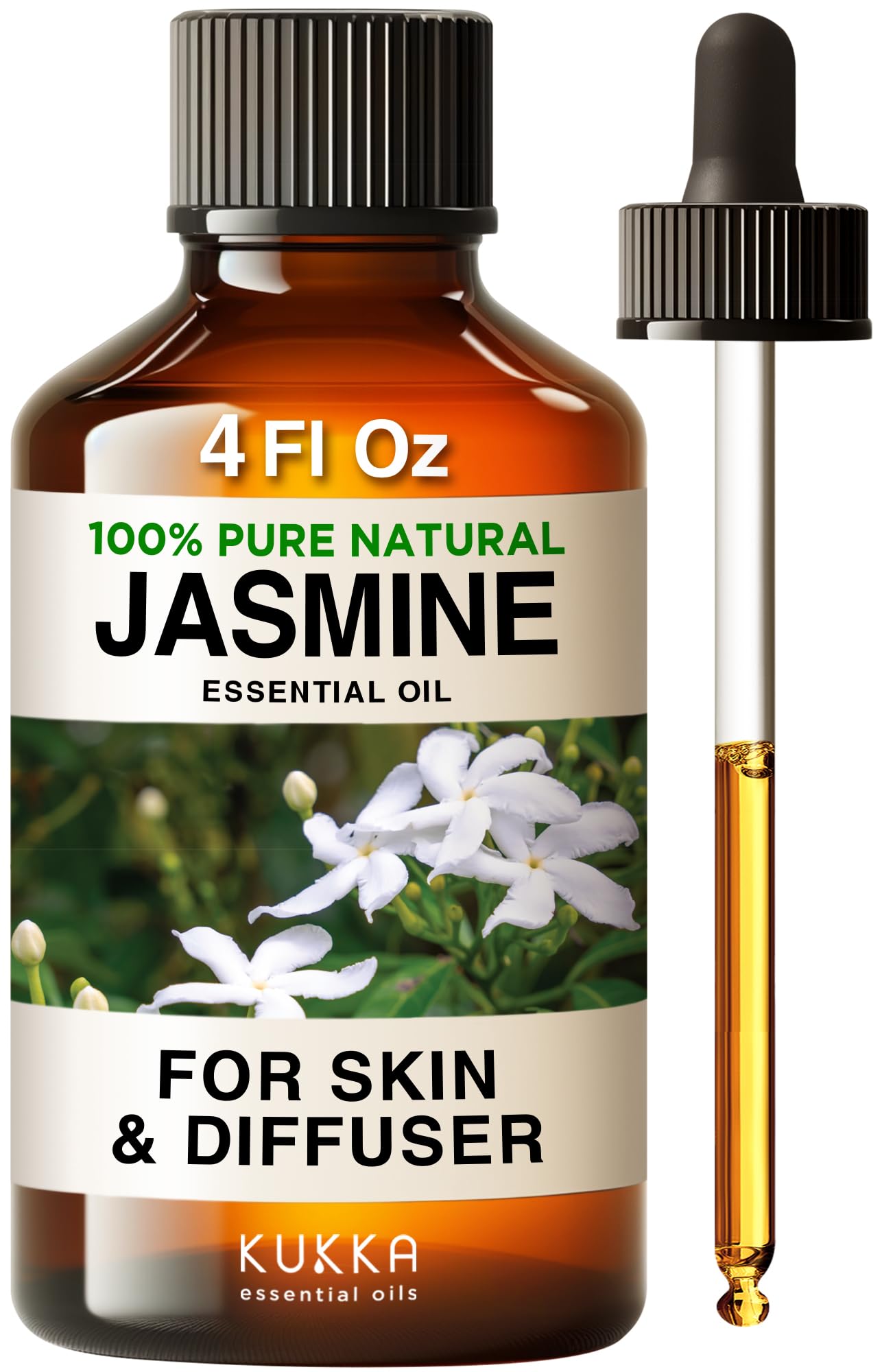 Kukka Jasmine Essential Oil for Diffuser - 4 Fl Oz - 100% Natural Aromatherapy Essential Oils Jasmine Oil for Skin Care Candle and Soap Making Scent & DIY