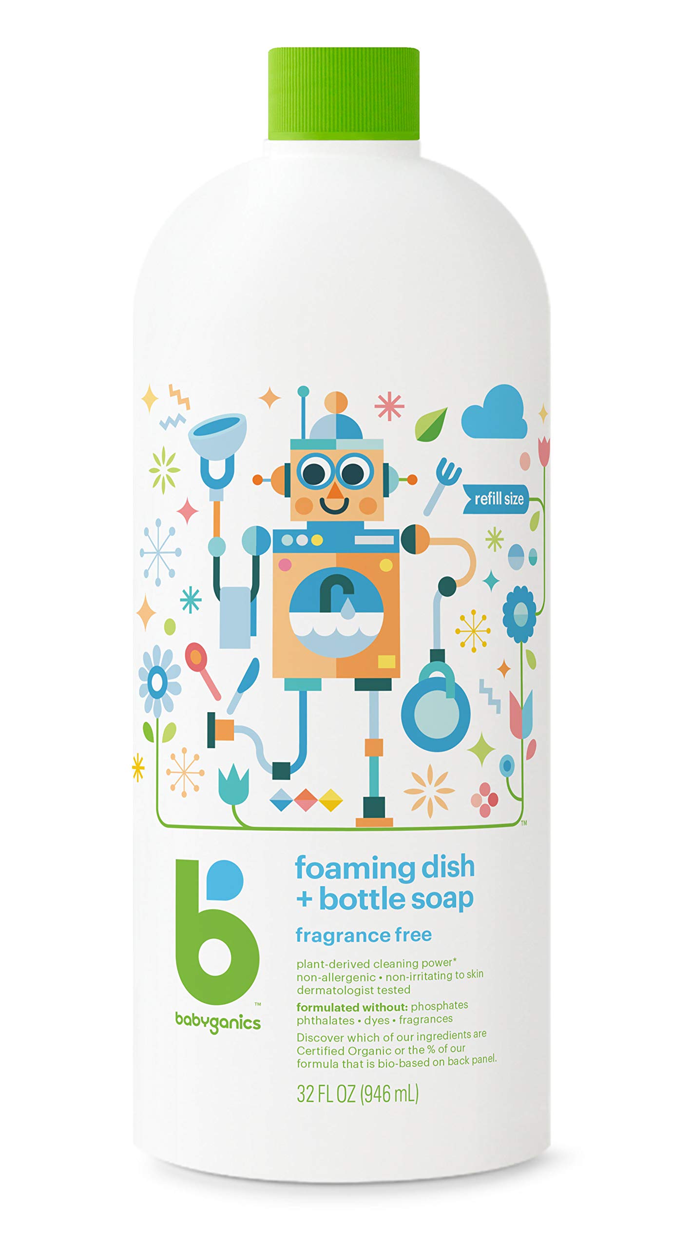 Babyganics Foaming Dish & Bottle Soap Refill, Fragrance Free, Plant-Derived Cleaning Power, Removes Dried Milk, 32 Fl Oz (Pack of 2), Packaging May Vary