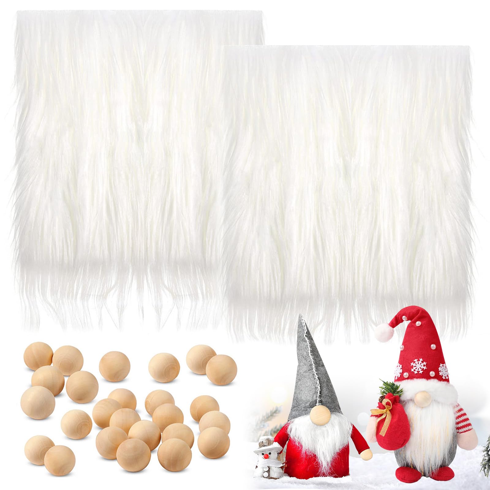 Leikedun 22 Pieces Faux Fur Fabric and Wooden Balls Set Set Include 2PCS Faux Fur Squares Fabric Patches 20 Pieces Wood Craft Balls for DIY Gnome Beard,Craft,Sewing Costume