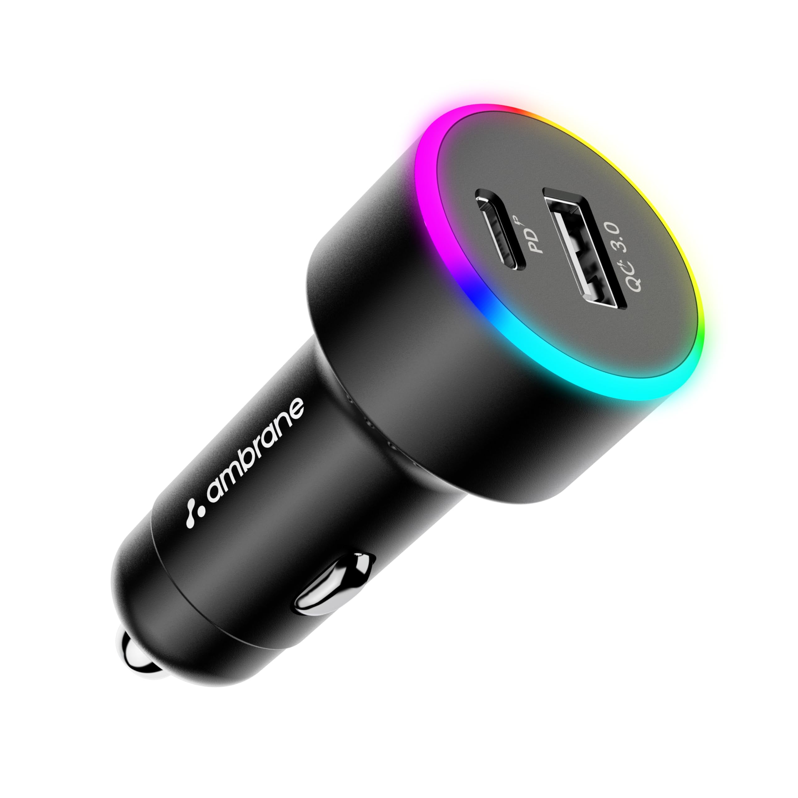 Ambrane 85W Car Charger, Mobile & Laptop Charging (Macbook & Type C Laptops), RGB Light, Dual Port Fast Charging, 65W Type C PD, 20W USB, Works with iPhone, Android, iPad & other Devices (Black, C85R)