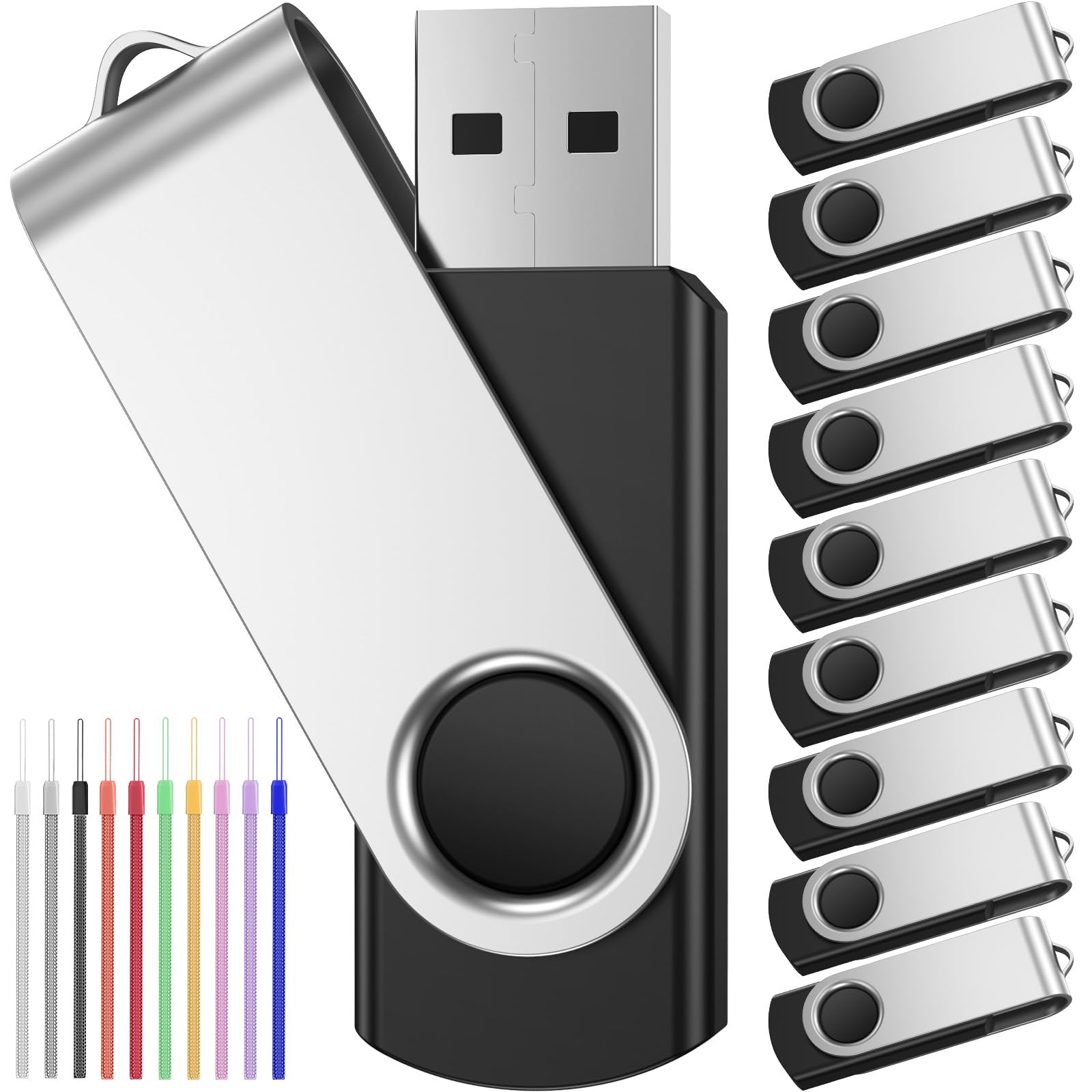 USB Memory Stick 2GB Pack of 10 Bulk Flash Drives Black Swivel Bulk Pendrive USB 2.0 Data Sticks 2 GB Portable Value Pen Drive Gift for Family Storage Video Music Files Image with Ropes by FEBNISCTE