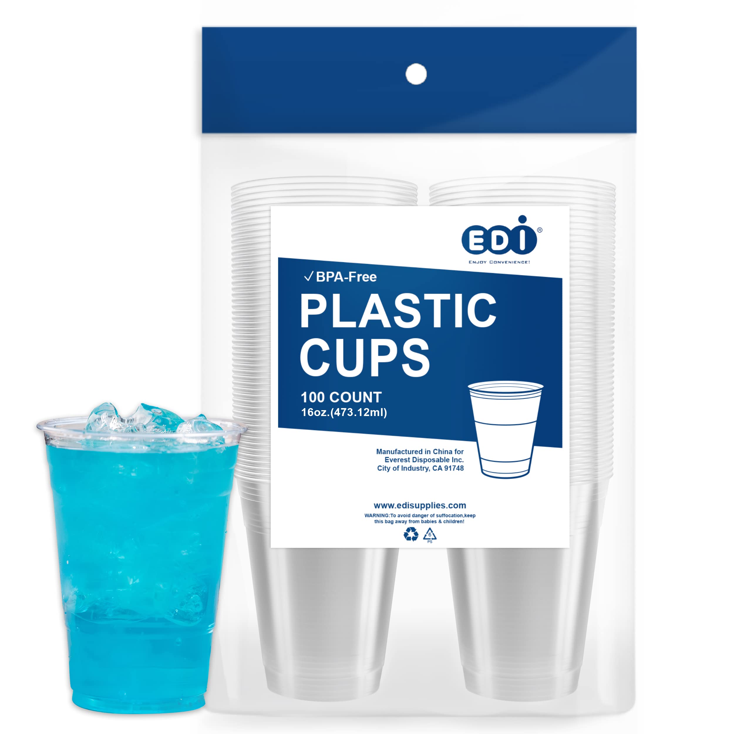 EDI 100 Sets Plastic CRYSTAL CLEAR Cups with Flat Lids and STRAW for Cold Drinks 16 oz