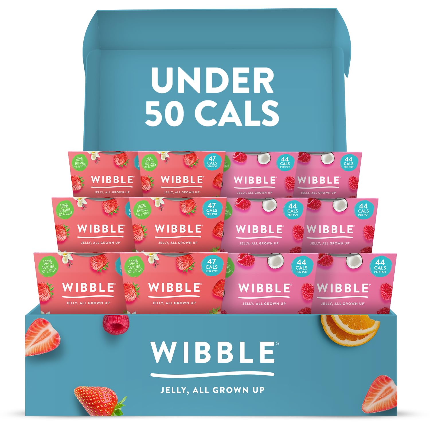 Wibble Jelly Pots, Berry Variety Box, Real Fruit Juices, Plant Based, Low Calorie, Nothing Artificial, 6 x Strawberry & Vanilla Flavour 150g, 6 x Raspberry & Coconut Flavour 150g, Sweets, Vegan Jelly