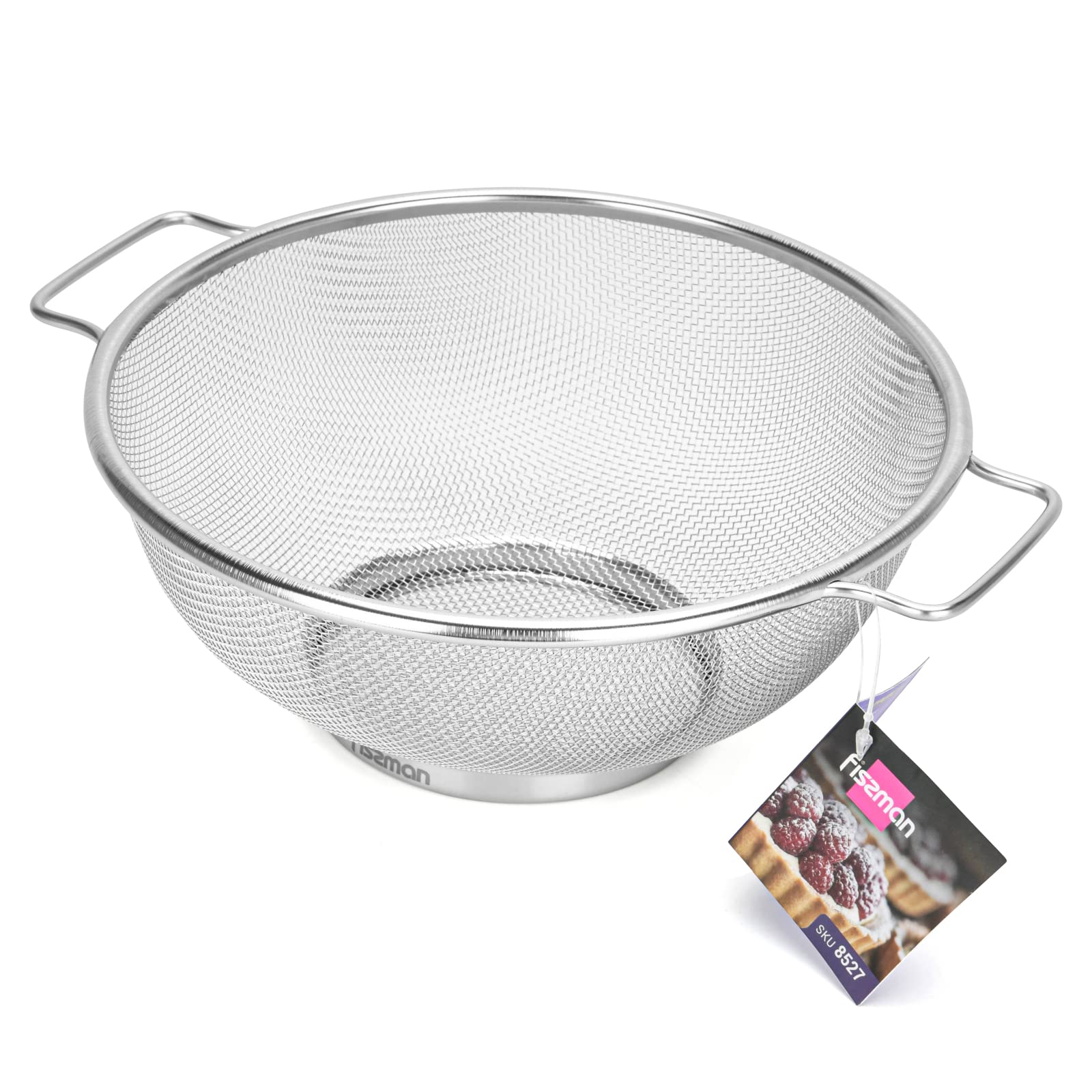 Fissman Strainer, Vegetable Sifter,Colander For Cleaning Vegtables, For Boiled Food, Pasta, Stainless Steel Mesh, Basket, Base Drain, Rinse, Steam or Cook (Round Strainer with Handle 22cm)