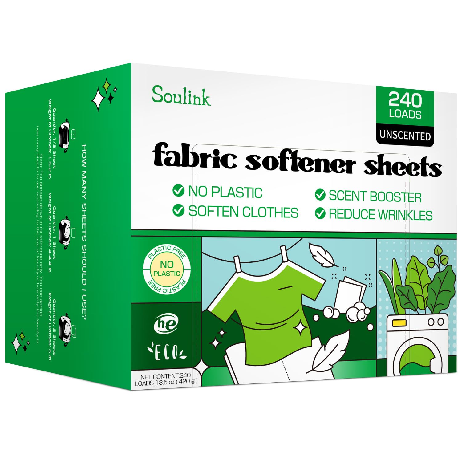 SoulinkFabric Softener Sheets for Washing Machine, No Plastic Jug Soap Strips, Alternative to Fabric Softener Liquid and Pods, Unscented Fragrance Free, Up to 240 Loads