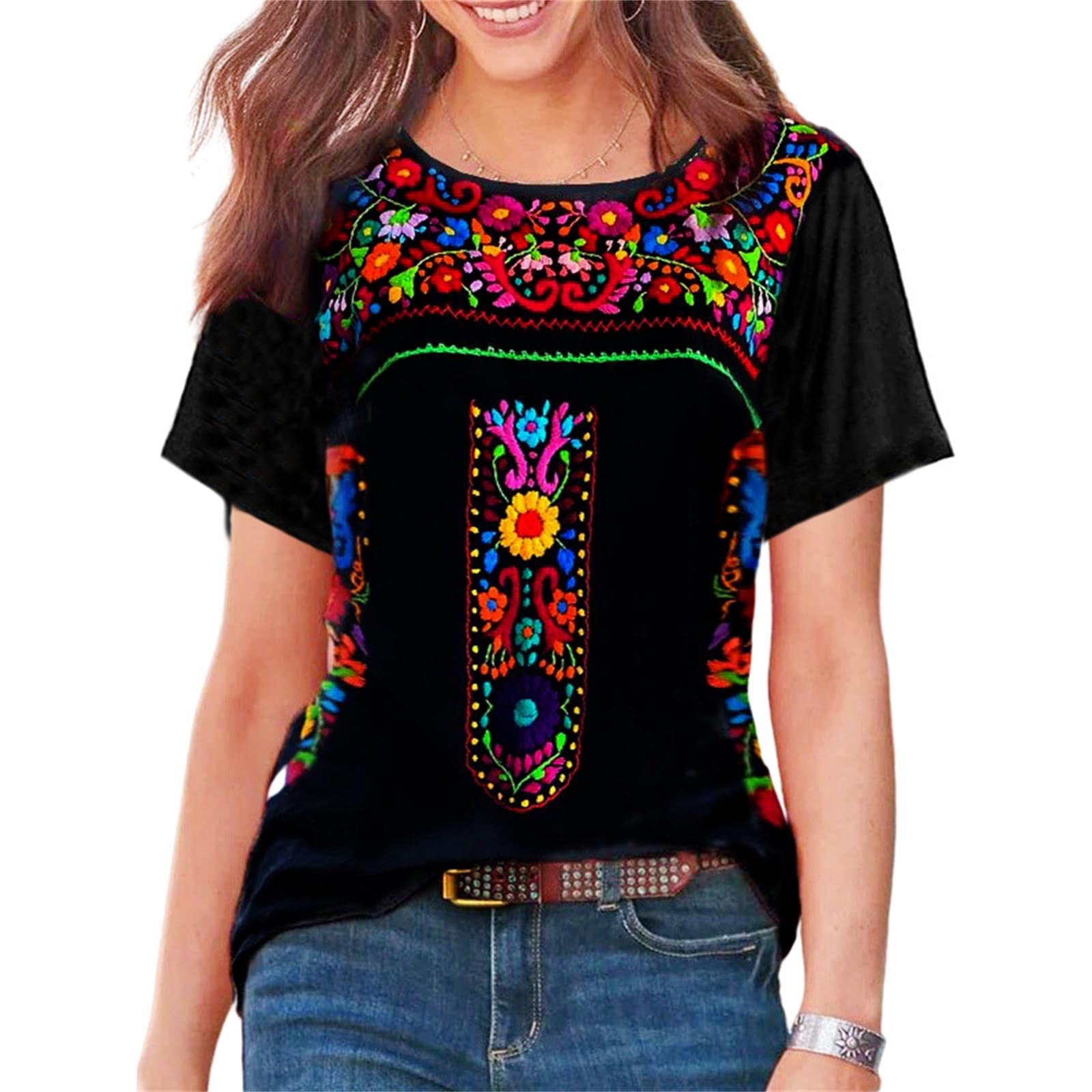 MellifloShort Sleeve Mexican Tee Shirts for Women Floral Embroidered Loose Tops Ethnic Style Boho T-Shirts