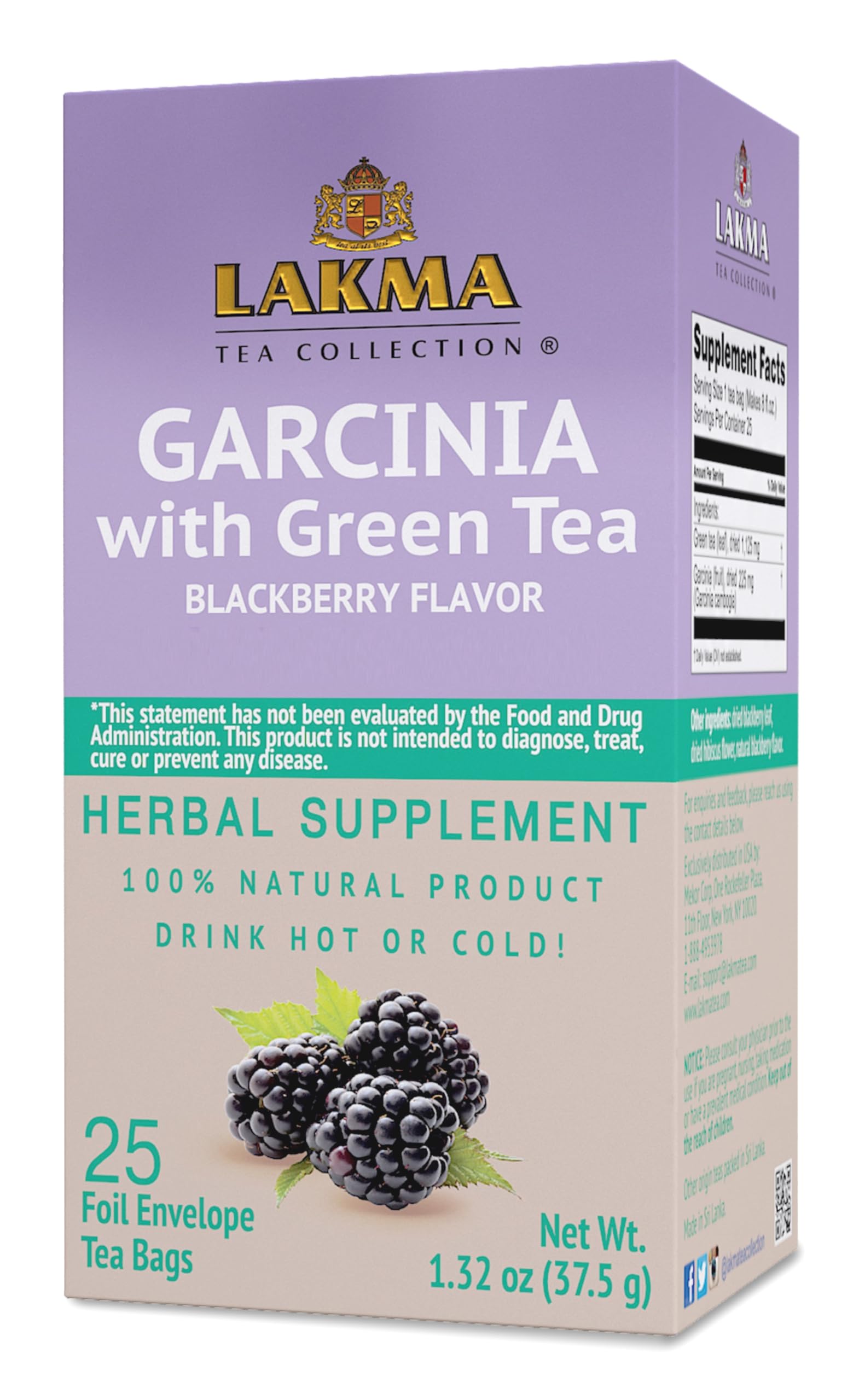 HYLEYSLakma Garcinia Green Tea with Blackberry Flavor - 25 Tea Bags - (100% Natural, Sugar Free, Gluten Free and Non-GMO)