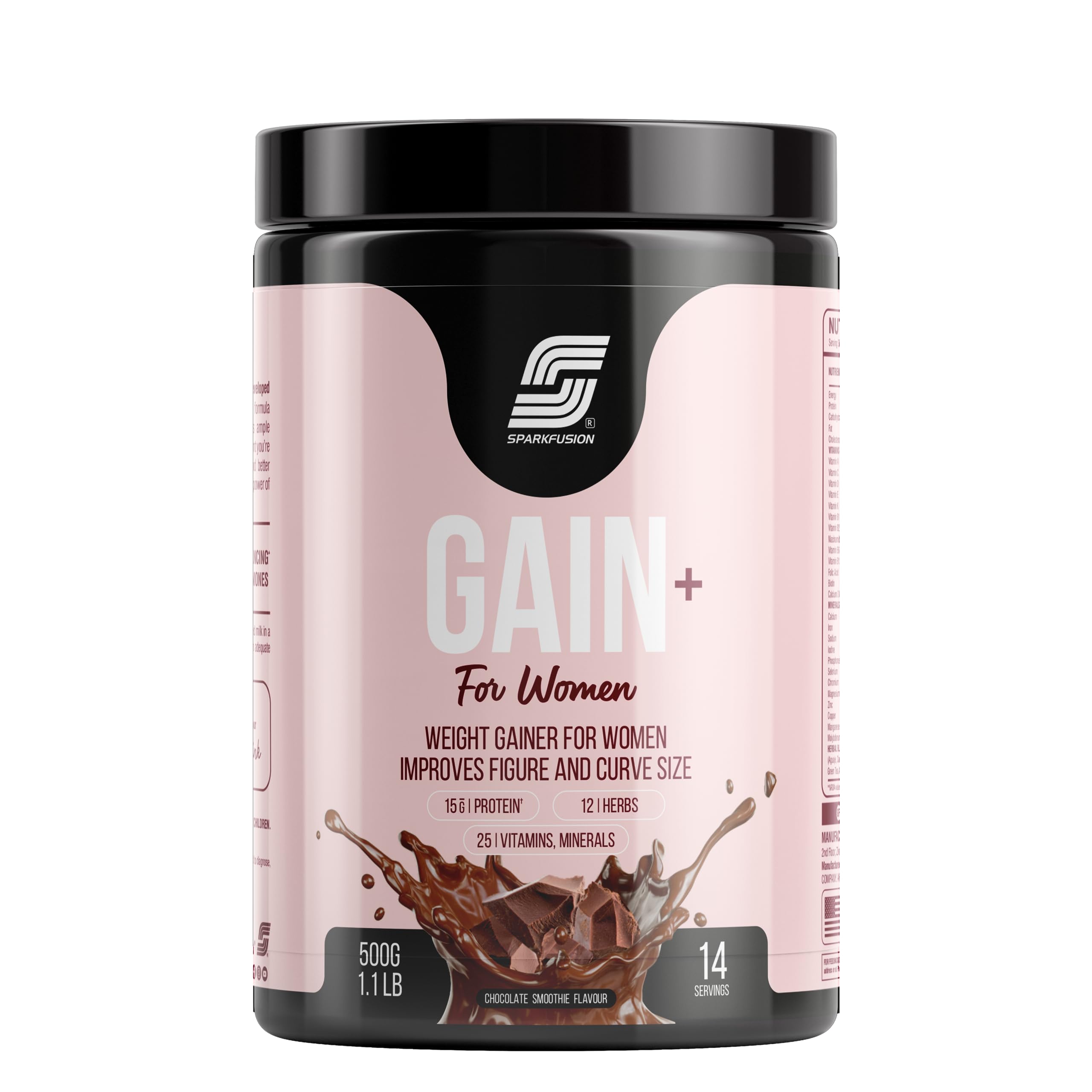 Sparkfusion Gain+ Women Weight Gainer | With Full Power 12 Herbs,Protein & Vitamins | For Improves Figure And Curve Size | Weight + Mass Gainer For Women Chocolate Smoothie flavour 500 gm