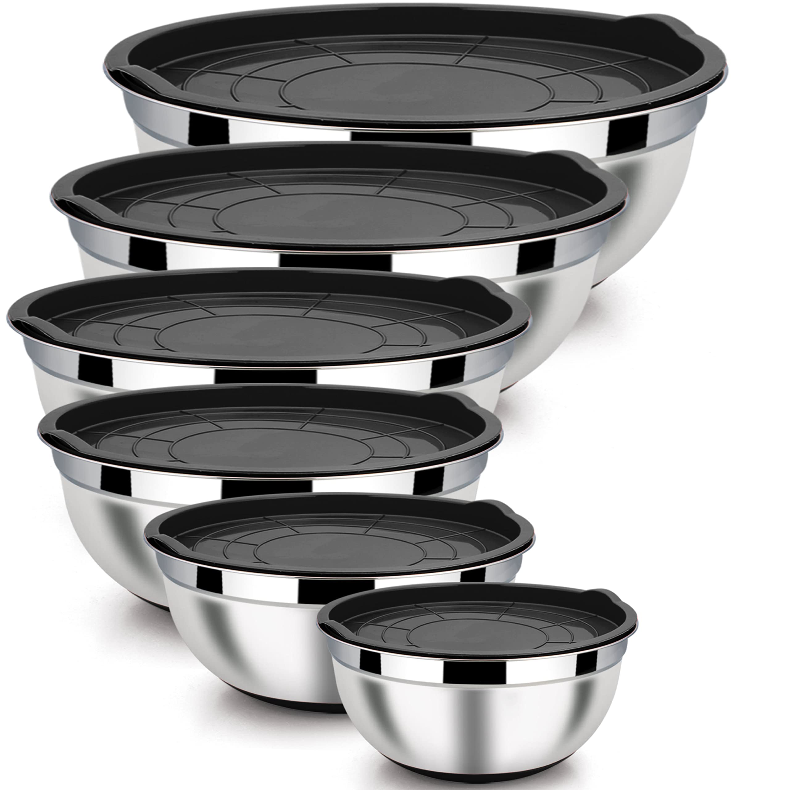 LIANYU Nesting Mixing Bowls Set of 6, Stainless Steel Mixing Bowl with Airtight Lids, Size 7, 3.5, 2.5, 2, 1.5, 1QT, Large Metal Bowls for Baking Cooking Food Storage, Non-slip Bottom, Black