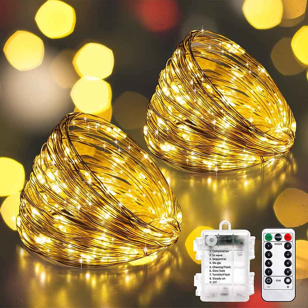 Qniceone Fairy Lights Battery Operated [2 PACK] 66Ft 200 LEDs String Lights with Remote -8 Modes, Copper Wire Powered Twinkle Lights for Bedroom, Indoor/Outdoor, Birthday, Party (Warm light)