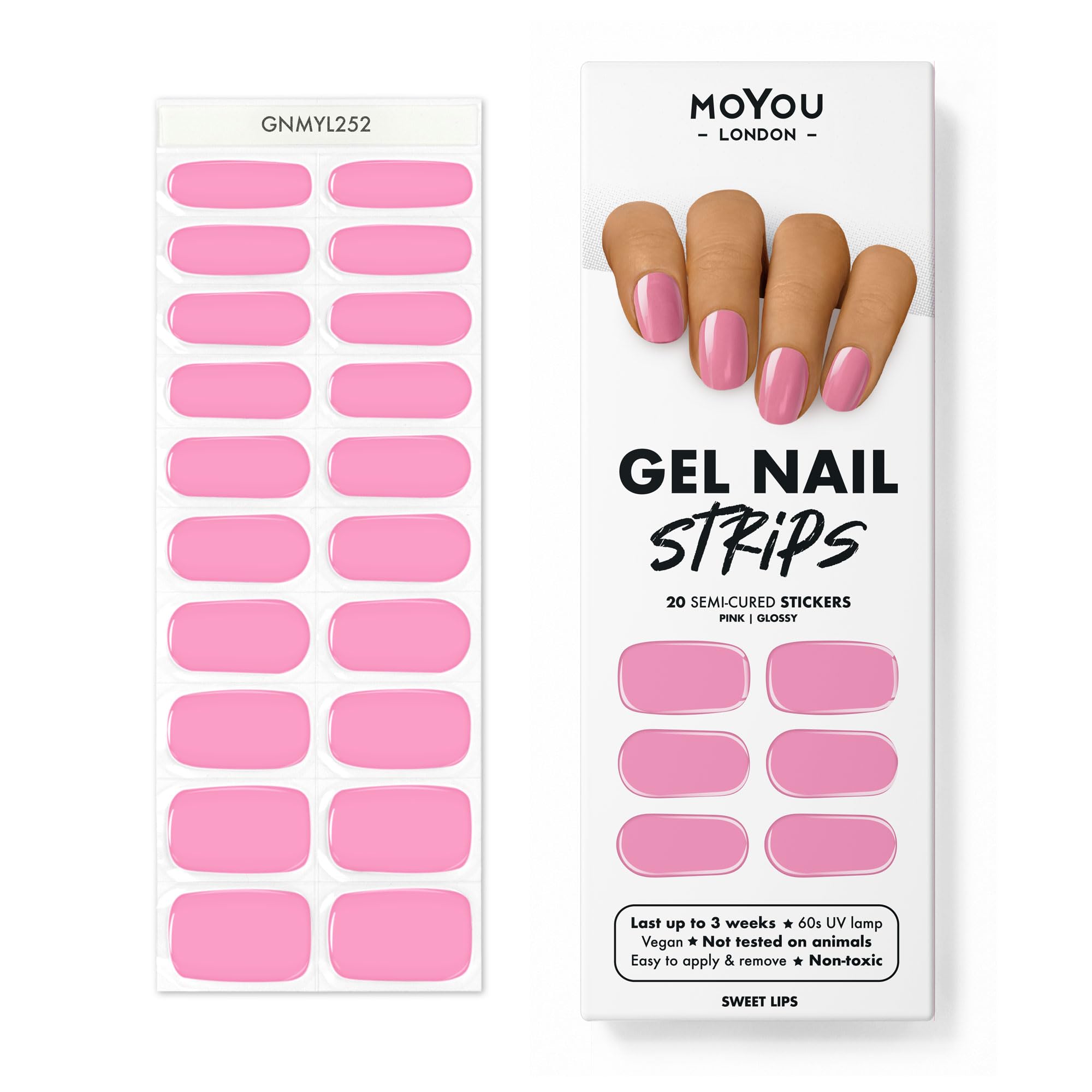 MOYOU LONDONSemi Cured Gel Nail Wraps, 20 Pcs Gel Nail Polish Strips for Salon-Quality Manicure Set with Nail File & Wooden Cuticle Stick (UV/LED Lamp Required) - Sweet Lips